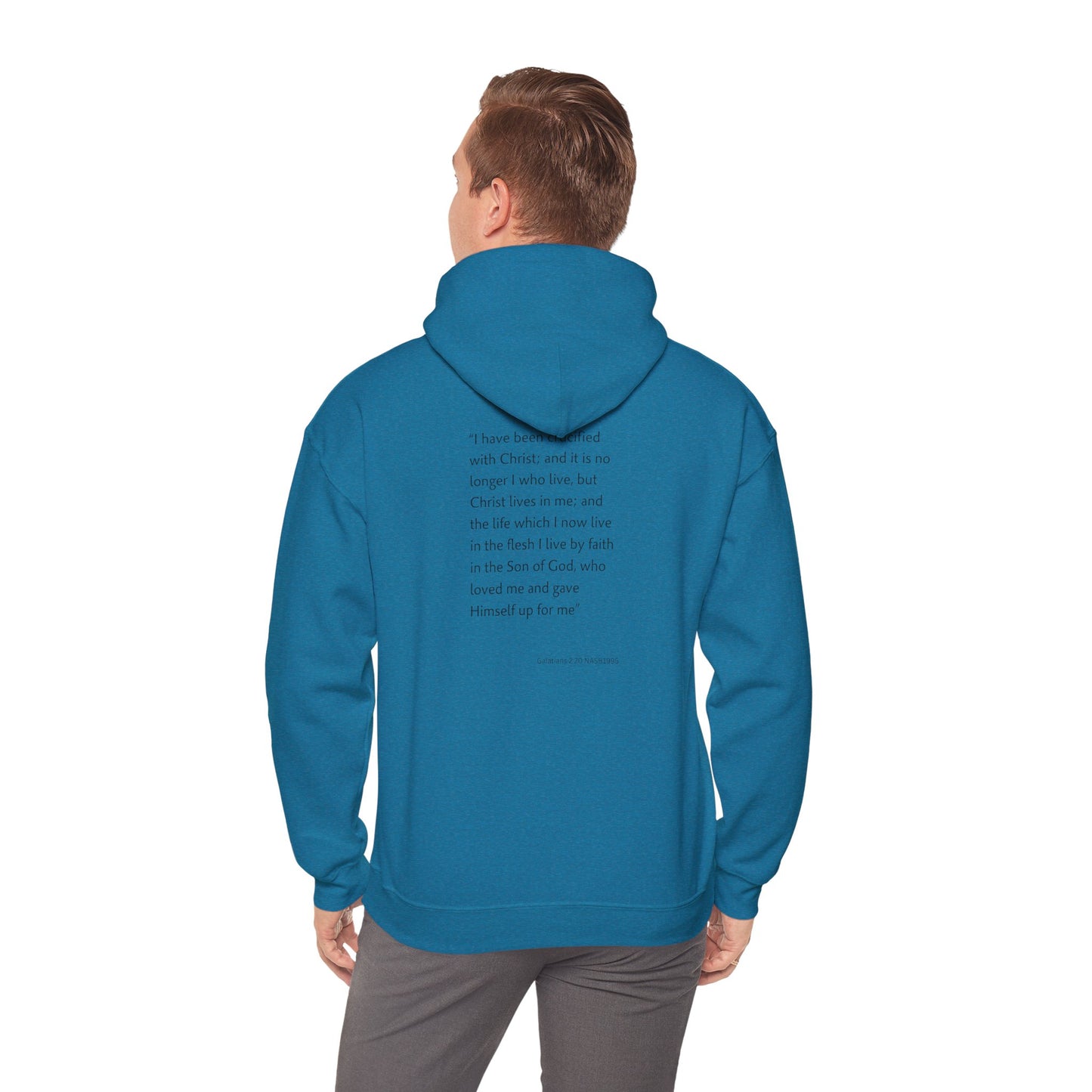 Faith Inspired Christian Cross with Thorns on Front and Galatians 2:20 on back Hooded Sweatshirt