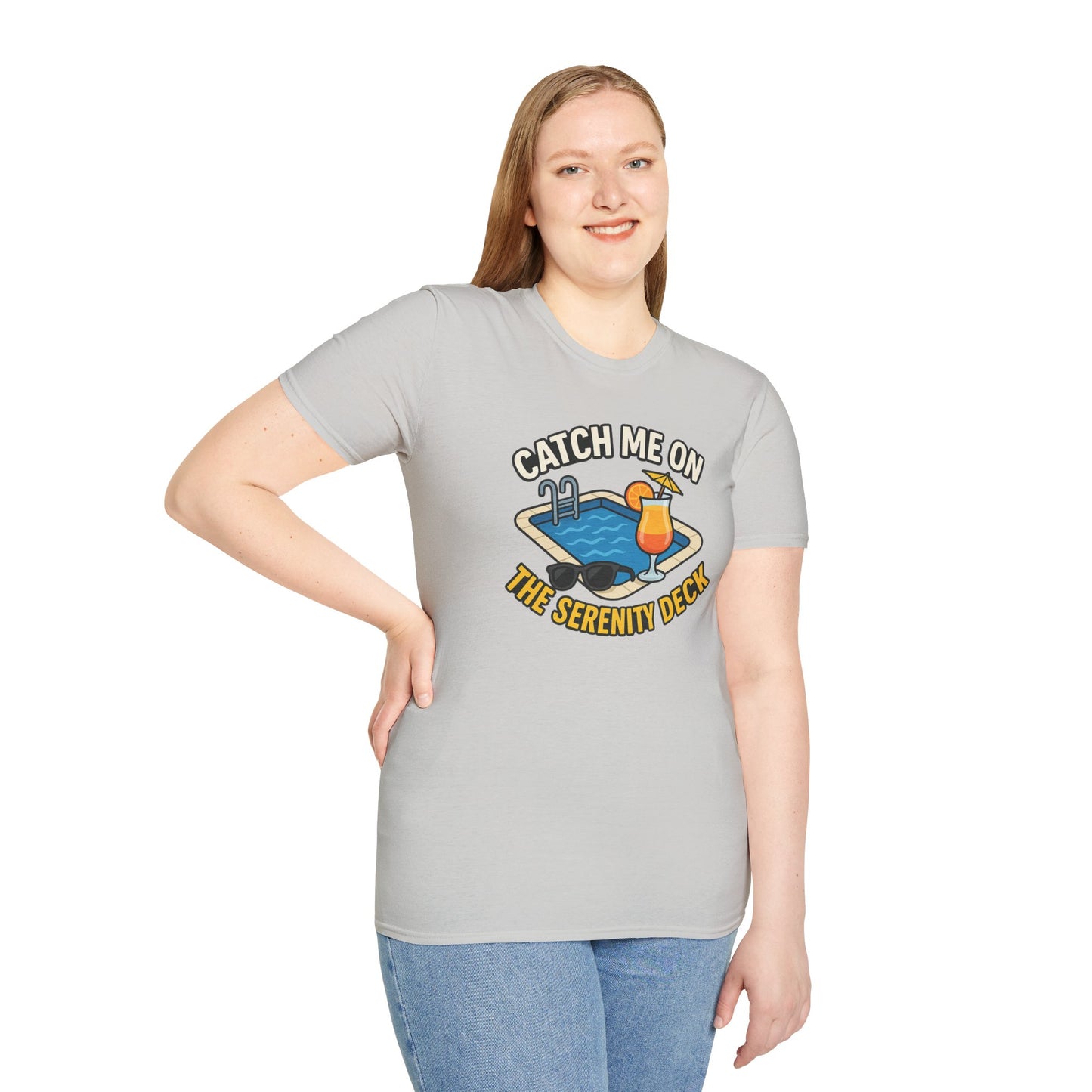 Catch Me on the Serenity Deck Unisex Softstyle T-Shirt, Relaxation Tee, Vacation T-Shirt, Beachwear, Gift for Travel Lovers
