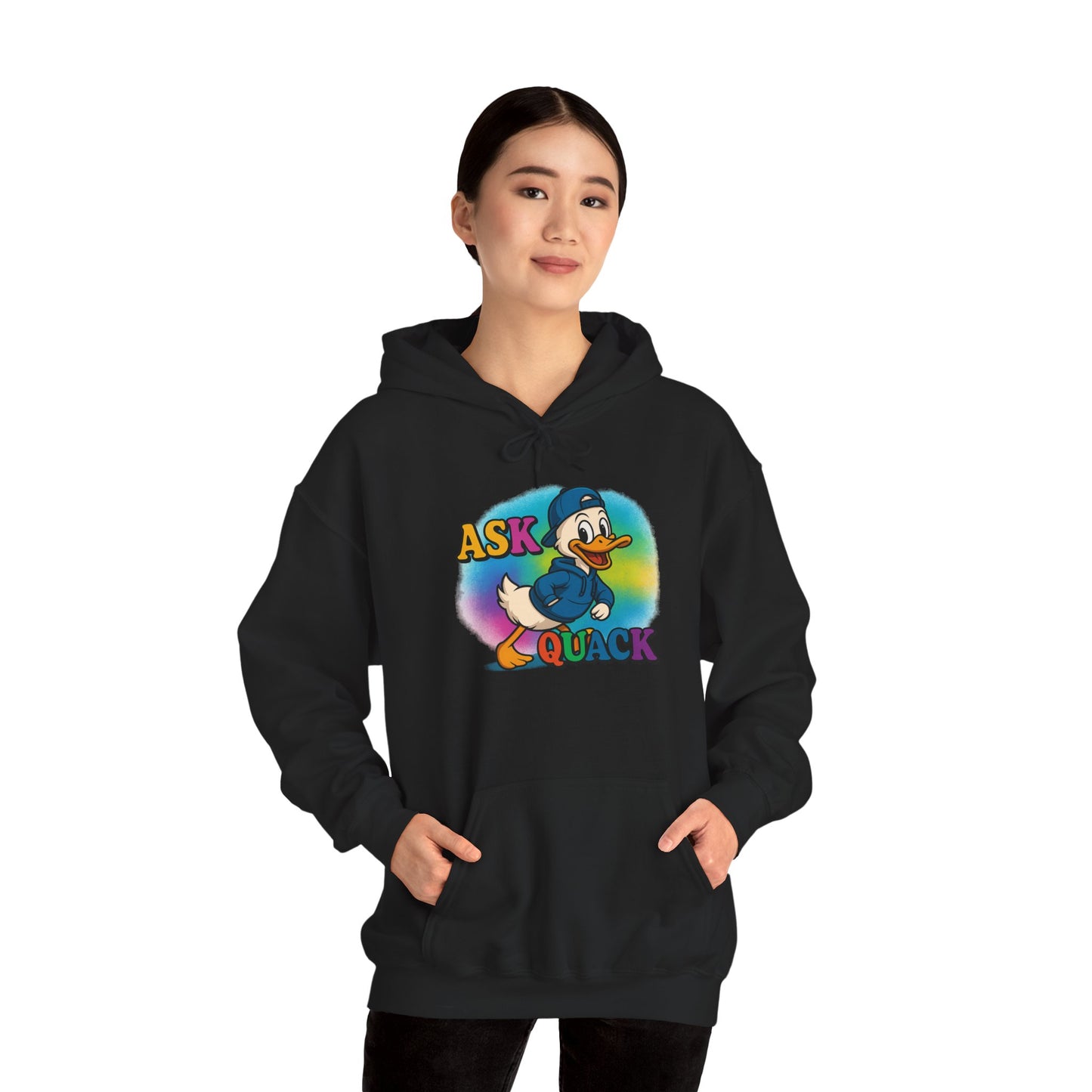 Askquack Male Duck Unisex Hoodie, Quirky Duck Design Sweatshirt, Novelty Animal Jumper, Humorous Duck Apparel, Unique Hooded Top