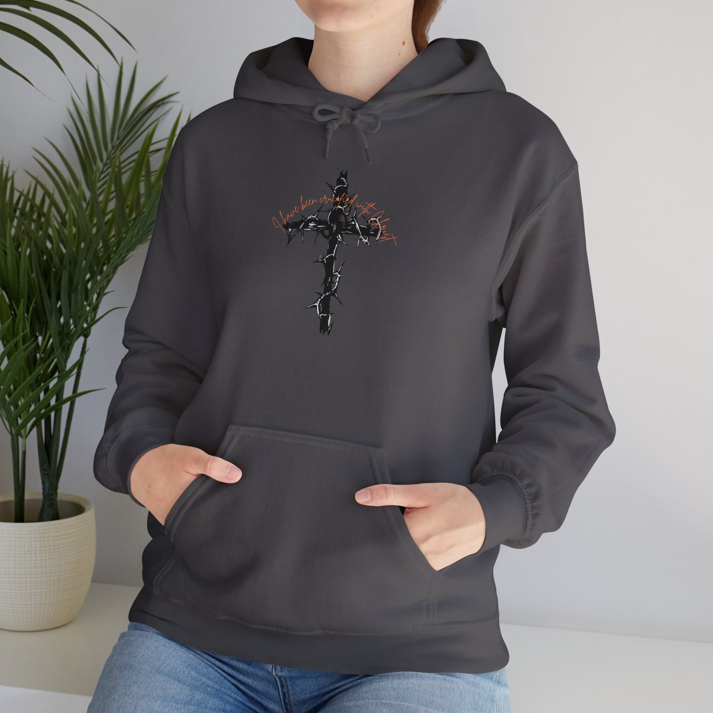 Faith Inspired Christian Cross with Thorns on Front and Galatians 2:20 on back Hooded Sweatshirt