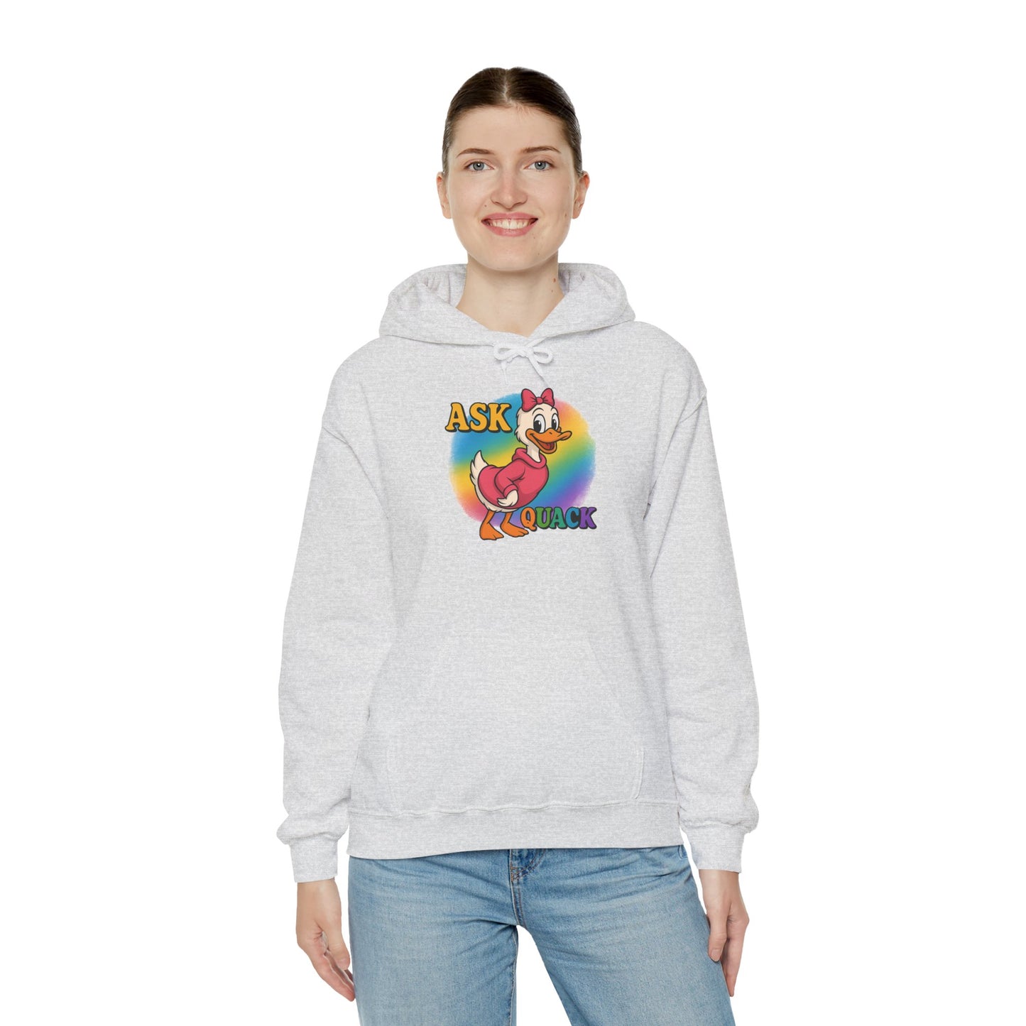 Askquack Female Duck Unisex Hoodie, Quirky Duck Design Sweatshirt, Novelty Animal Jumper, Humorous Duck Apparel, Unique Hooded Top