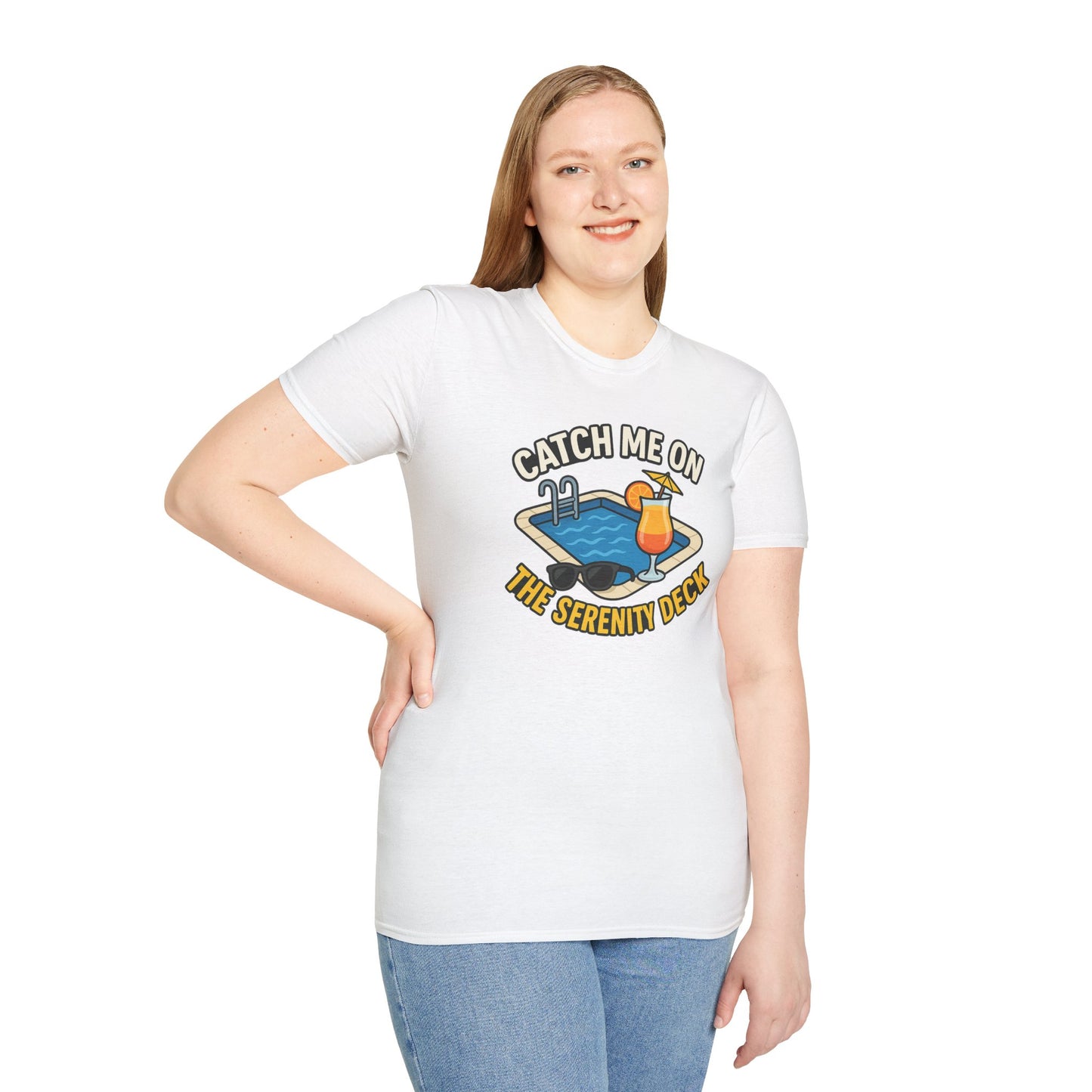 Catch Me on the Serenity Deck Unisex Softstyle T-Shirt, Relaxation Tee, Vacation T-Shirt, Beachwear, Gift for Travel Lovers