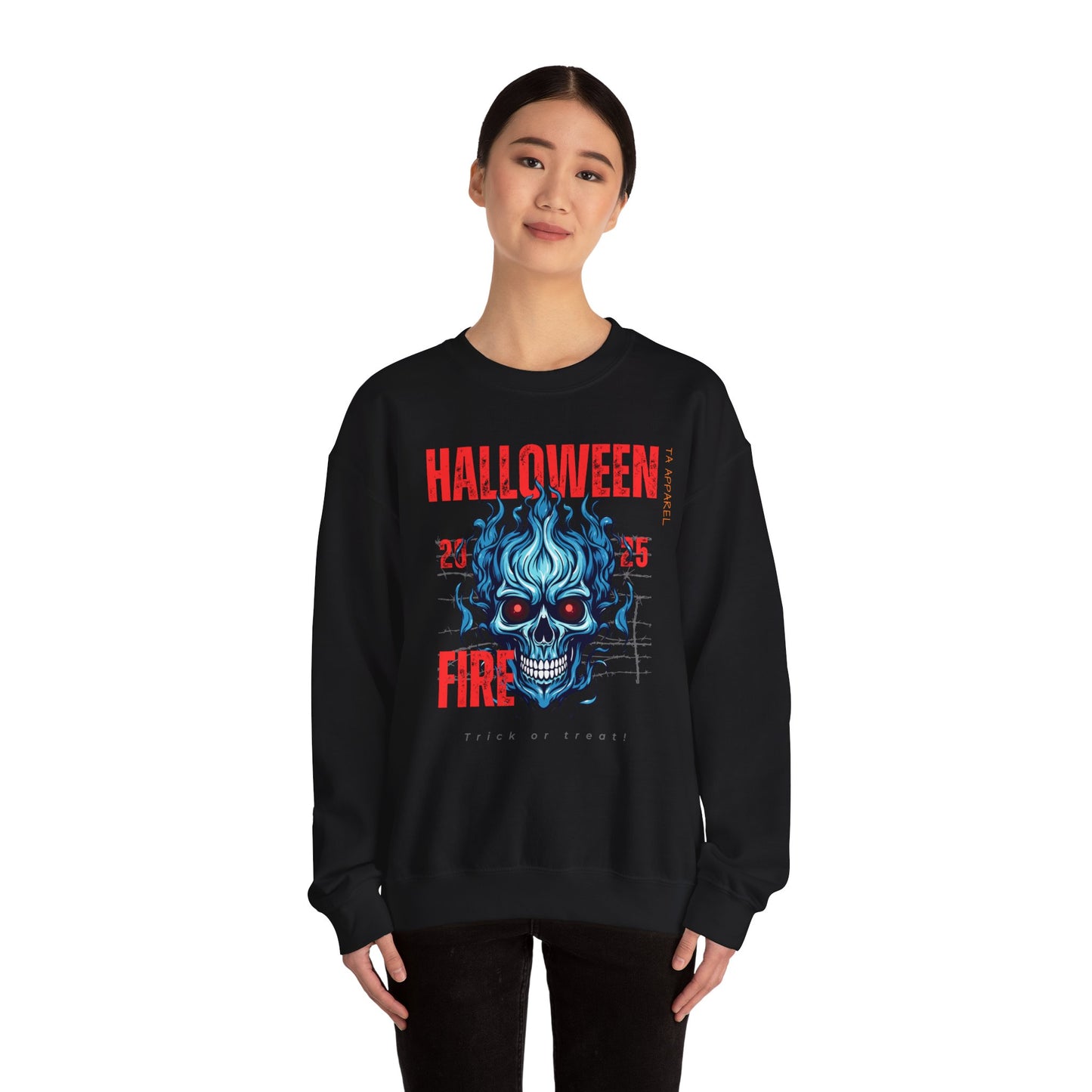 Halloween Fire Skull Sweatshirt, Unisex Crewneck for Fall, Spooky Season Apparel, Gift for Halloween Lovers, Cozy Awareness Top