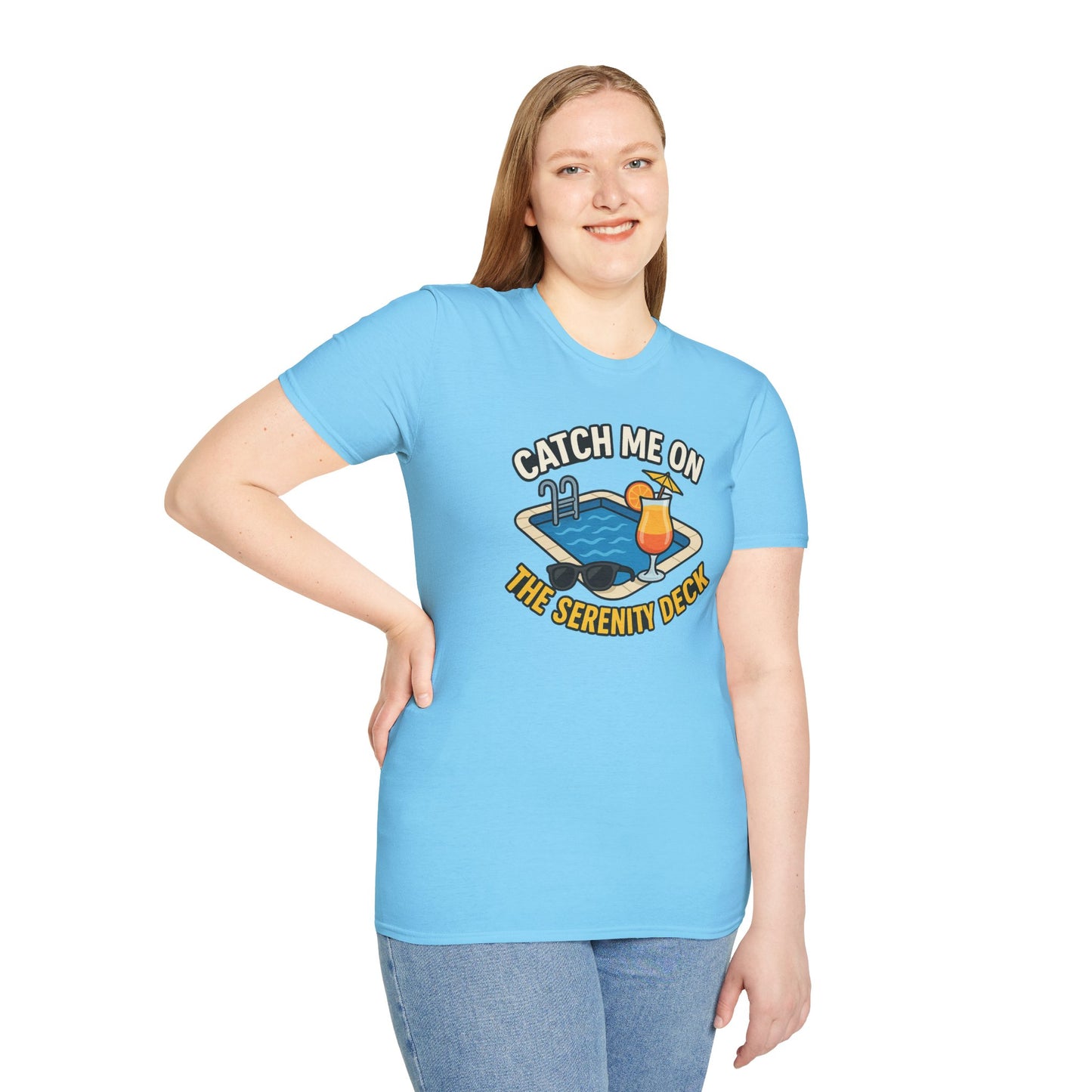 Catch Me on the Serenity Deck Unisex Softstyle T-Shirt, Relaxation Tee, Vacation T-Shirt, Beachwear, Gift for Travel Lovers