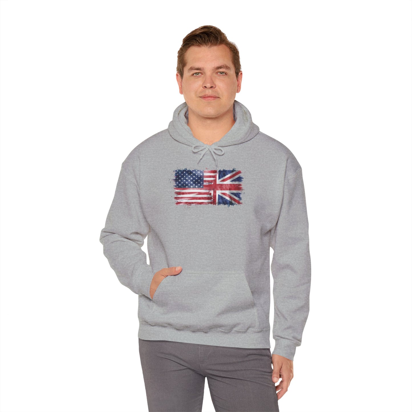 Patriotic Hooded Sweatshirt | Unisex Heavy Blend™ | USA & UK Flag Design | Cozy Gift for Holidays, Reunions, or Casual Wear