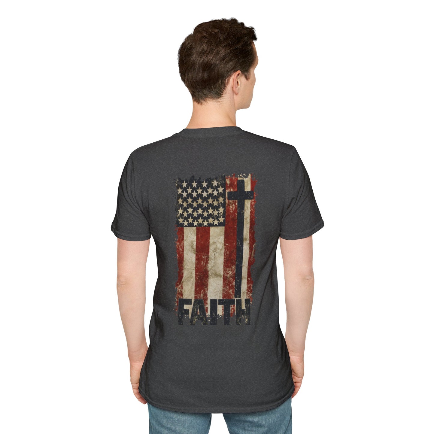 Faith-Inspired Unisex Softstyle T-Shirt, Vintage American Flag Tee, Inspirational Faith Shirt, Christian Apparel, Gifts for Believers