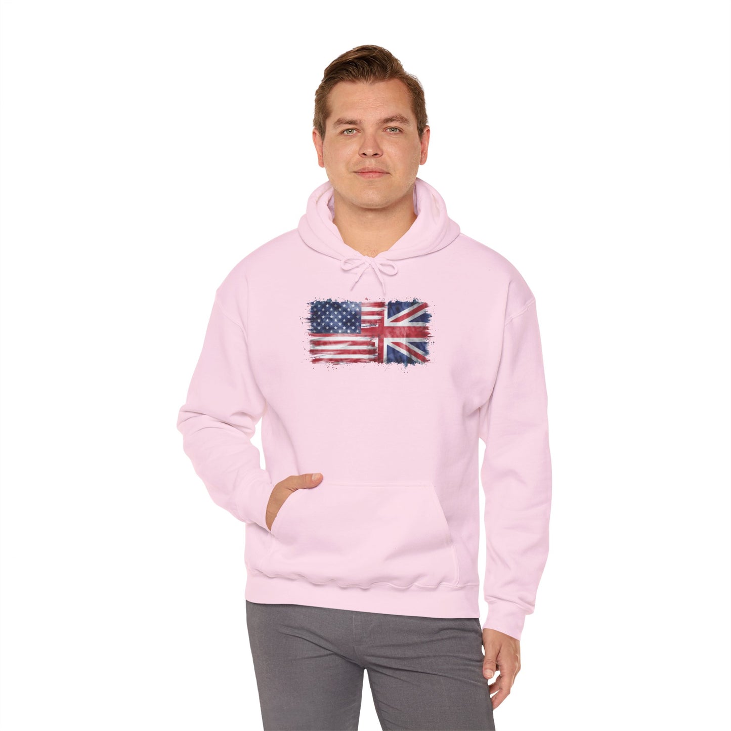 Patriotic Hooded Sweatshirt | Unisex Heavy Blend™ | USA & UK Flag Design | Cozy Gift for Holidays, Reunions, or Casual Wear