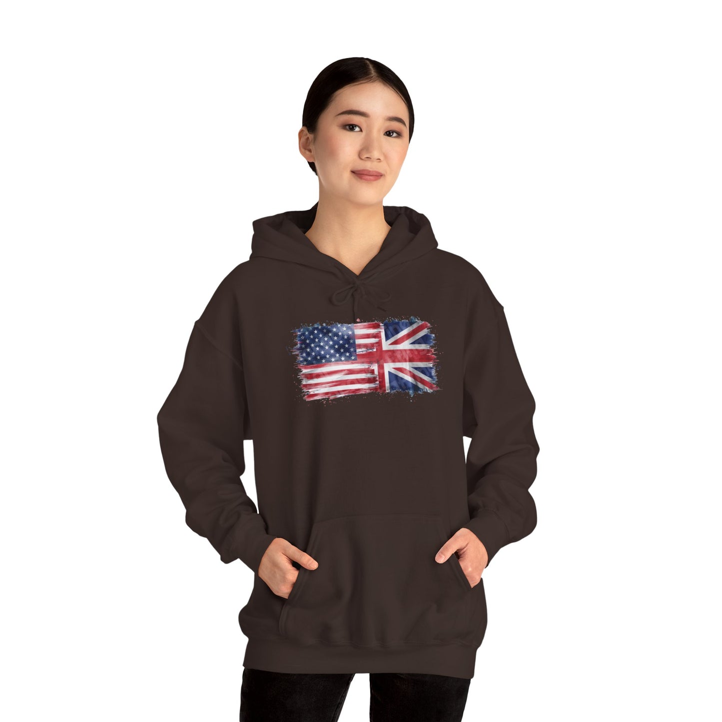 Patriotic Hooded Sweatshirt | Unisex Heavy Blend™ | USA & UK Flag Design | Cozy Gift for Holidays, Reunions, or Casual Wear