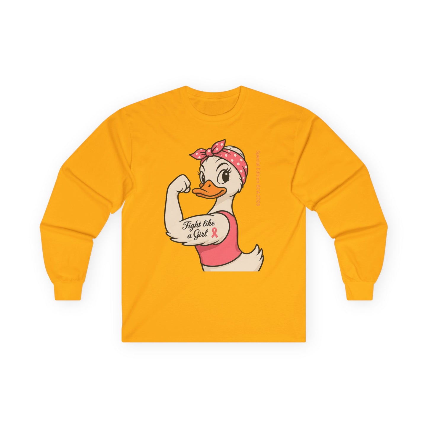 Breast Cancer Awareness Fight Like a Girl Duck Long Sleeve Tee - Unisex Crewneck, Roxie the Riveter Empowerment, Gift for him and her