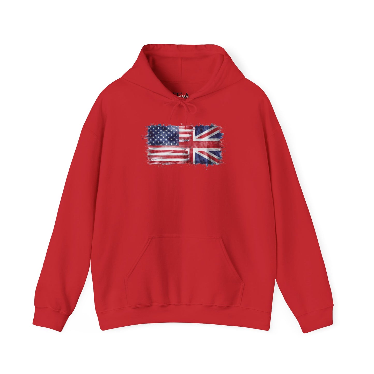 Patriotic Hooded Sweatshirt | Unisex Heavy Blend™ | USA & UK Flag Design | Cozy Gift for Holidays, Reunions, or Casual Wear