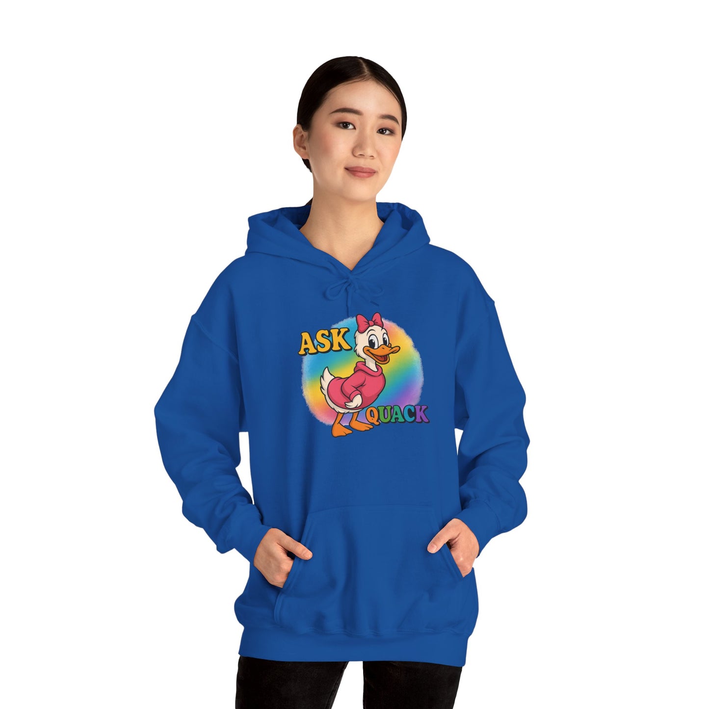 Askquack Female Duck Unisex Hoodie, Quirky Duck Design Sweatshirt, Novelty Animal Jumper, Humorous Duck Apparel, Unique Hooded Top