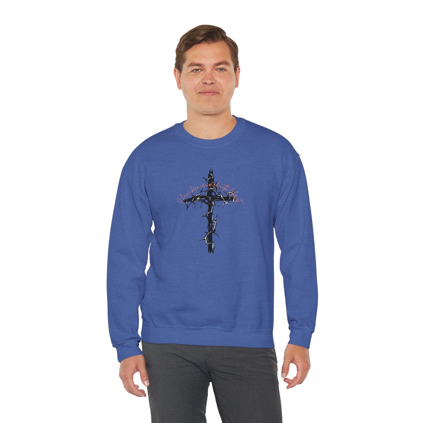 Faith Inspired Crewneck Sweatshirt Barbed Cross Design with Galatians 2:20