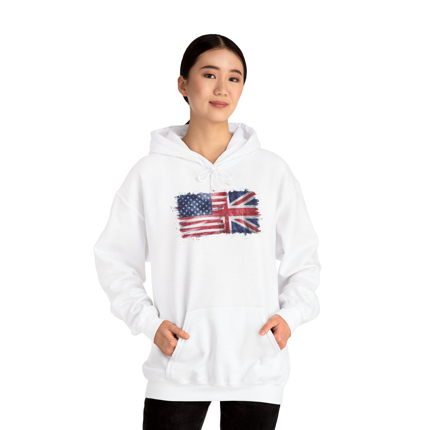 Patriotic Hooded Sweatshirt | Unisex Heavy Blend™ | USA & UK Flag Design | Cozy Gift for Holidays, Reunions, or Casual Wear