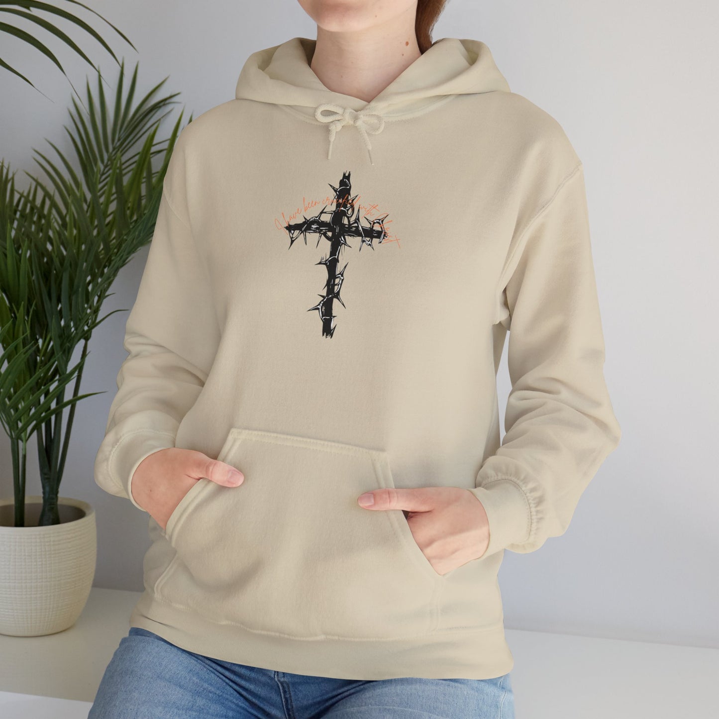 Faith Inspired Christian Cross with Thorns on Front and Galatians 2:20 on back Hooded Sweatshirt