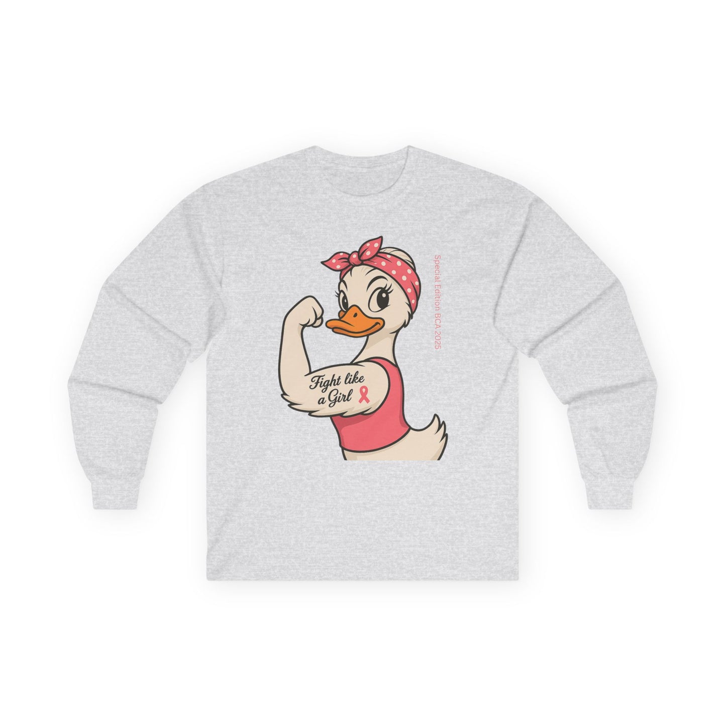Breast Cancer Awareness Fight Like a Girl Duck Long Sleeve Tee - Unisex Crewneck, Roxie the Riveter Empowerment, Gift for him and her