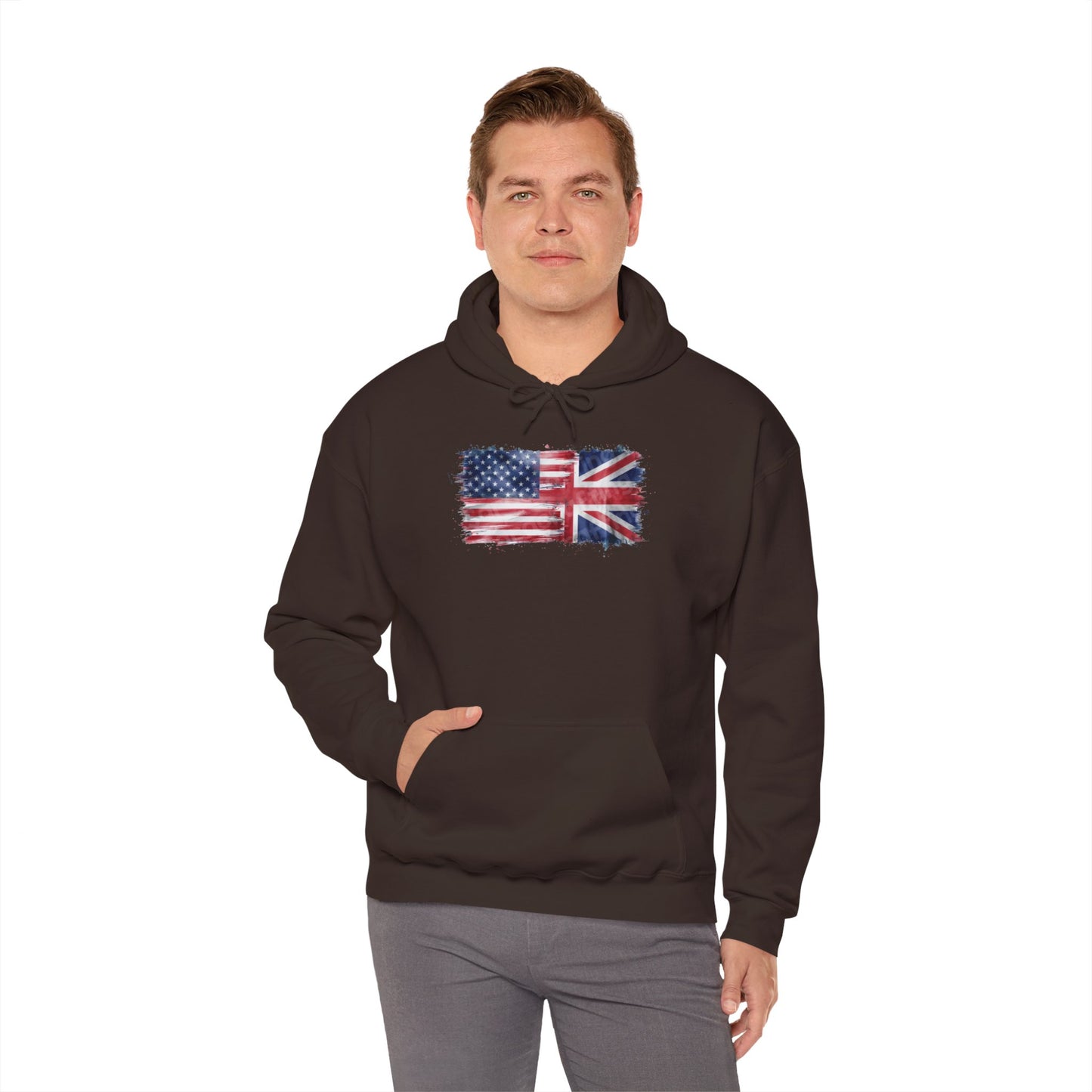 Patriotic Hooded Sweatshirt | Unisex Heavy Blend™ | USA & UK Flag Design | Cozy Gift for Holidays, Reunions, or Casual Wear