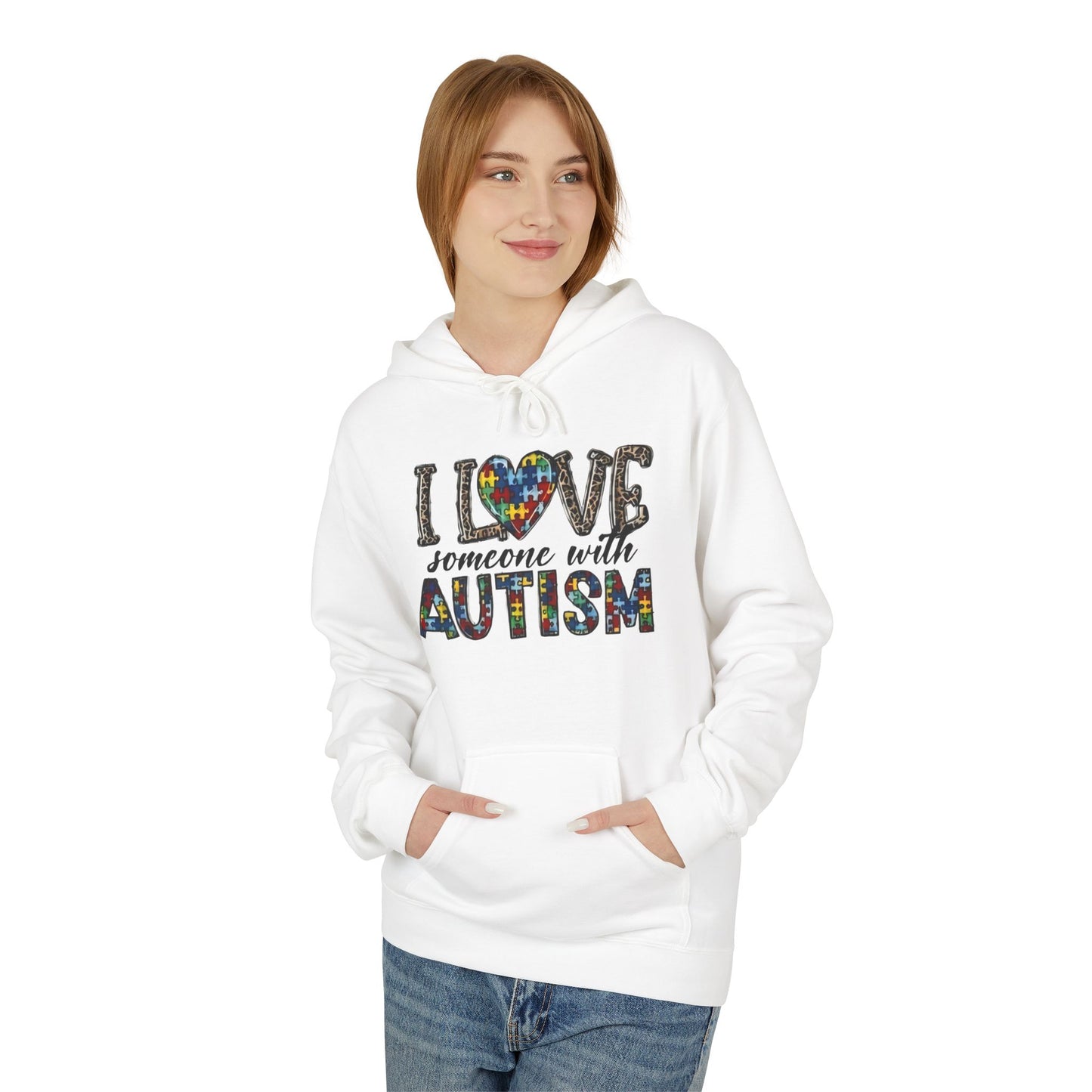 Autism Awareness Softstyle Hoodie - "I Love Someone With Autism" Puzzle Heart Design