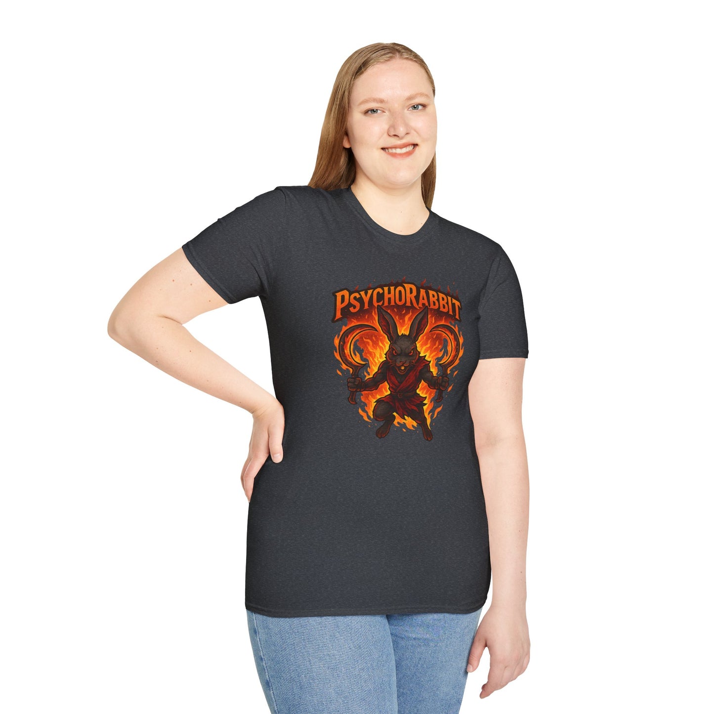 Psychorabbit Graphic Tee | Unisex Softstyle T-Shirt for Anime Fans and Gamers