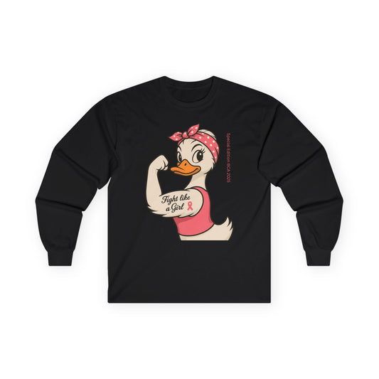 Breast Cancer Awareness Fight Like a Girl Duck Long Sleeve Tee - Unisex Crewneck, Roxie the Riveter Empowerment, Gift for him and her