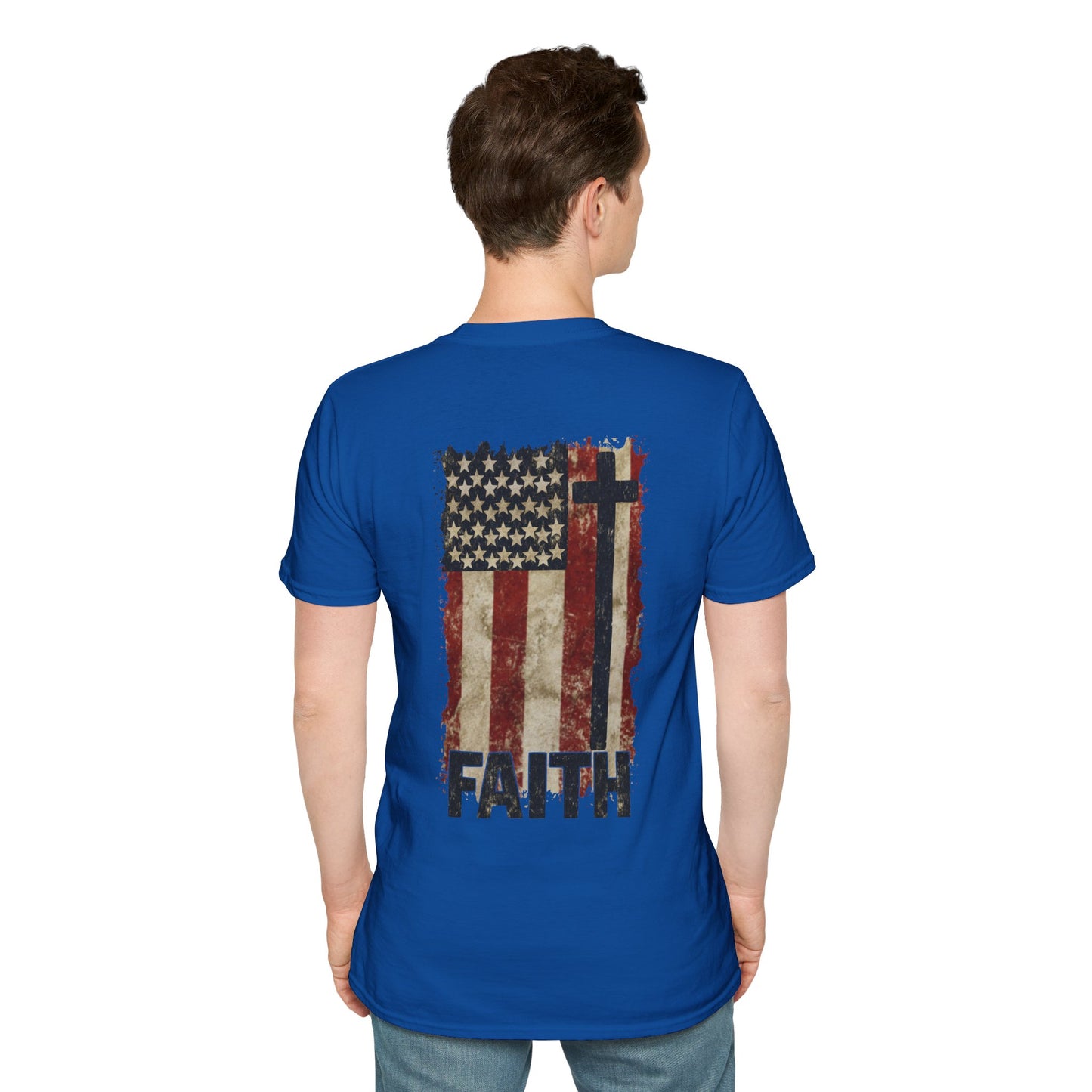 Faith-Inspired Unisex Softstyle T-Shirt, Vintage American Flag Tee, Inspirational Faith Shirt, Christian Apparel, Gifts for Believers