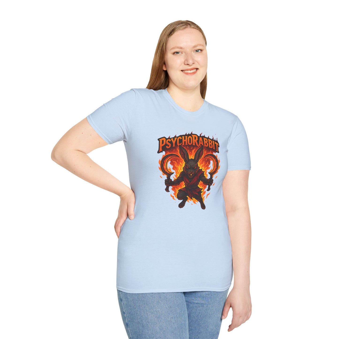 Psychorabbit Graphic Tee | Unisex Softstyle T-Shirt for Anime Fans and Gamers