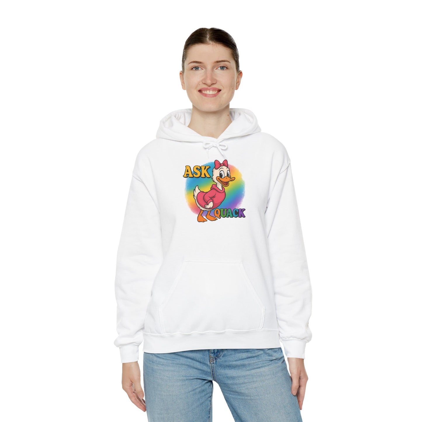 Askquack Female Duck Unisex Hoodie, Quirky Duck Design Sweatshirt, Novelty Animal Jumper, Humorous Duck Apparel, Unique Hooded Top