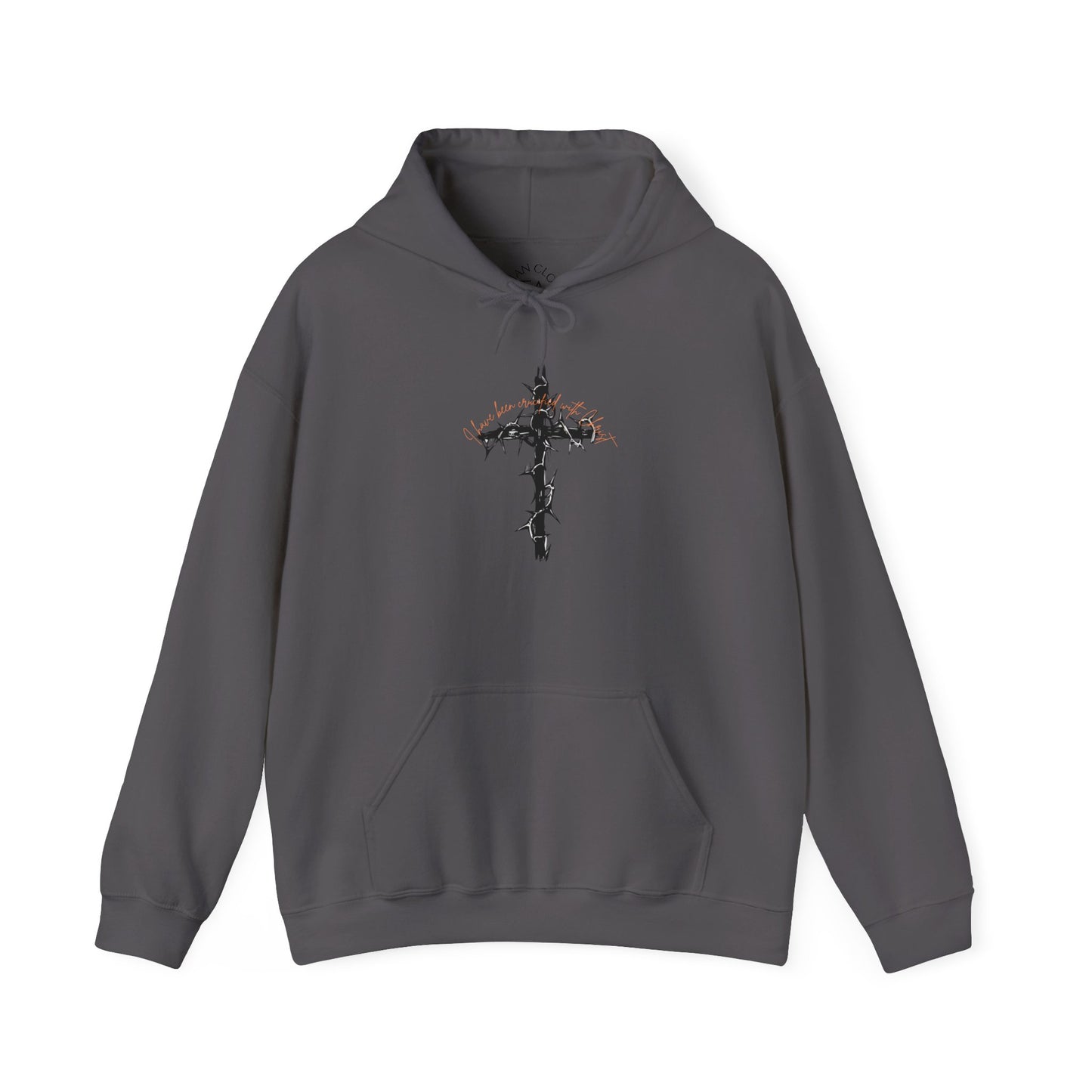 Faith Inspired Christian Cross with Thorns on Front and Galatians 2:20 on back Hooded Sweatshirt