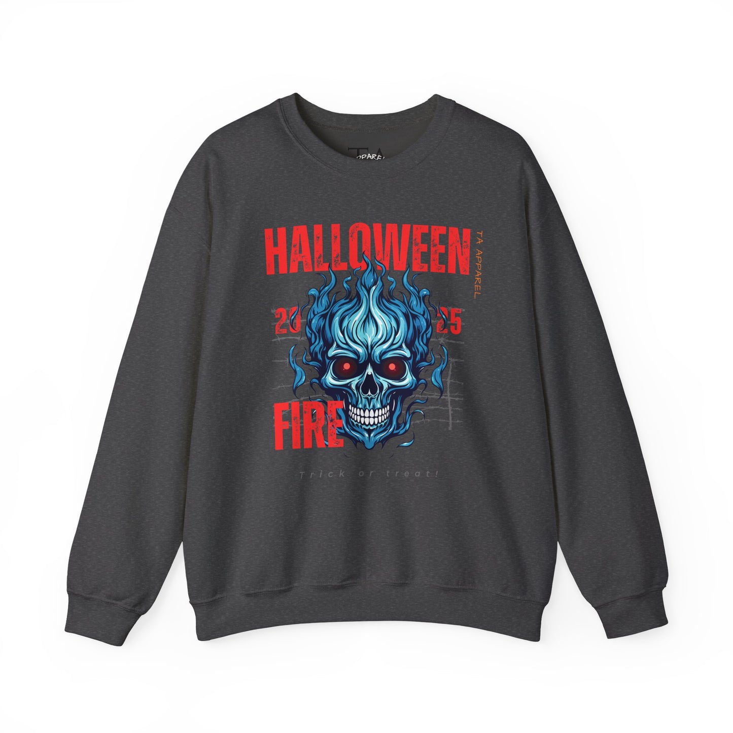 Halloween Fire Skull Sweatshirt, Unisex Crewneck for Fall, Spooky Season Apparel, Gift for Halloween Lovers, Cozy Awareness Top