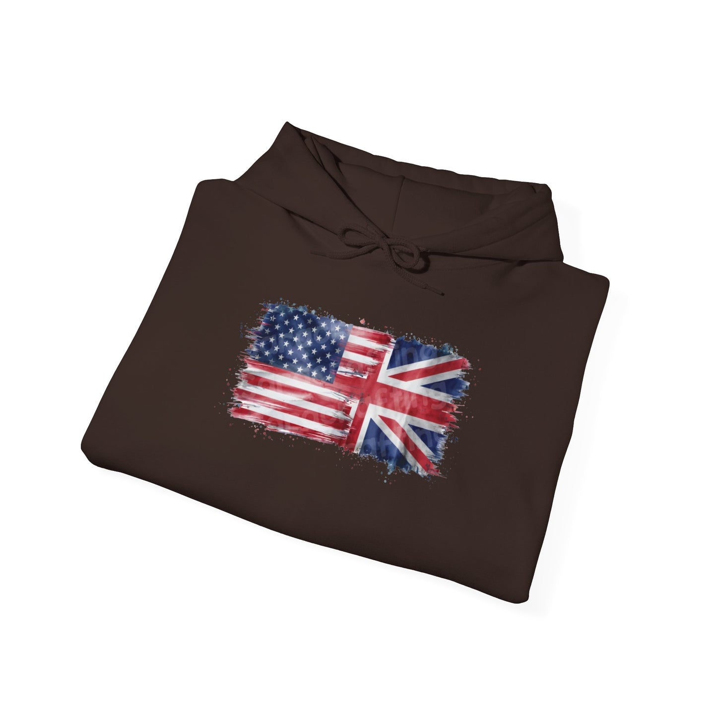 Patriotic Hooded Sweatshirt | Unisex Heavy Blend™ | USA & UK Flag Design | Cozy Gift for Holidays, Reunions, or Casual Wear
