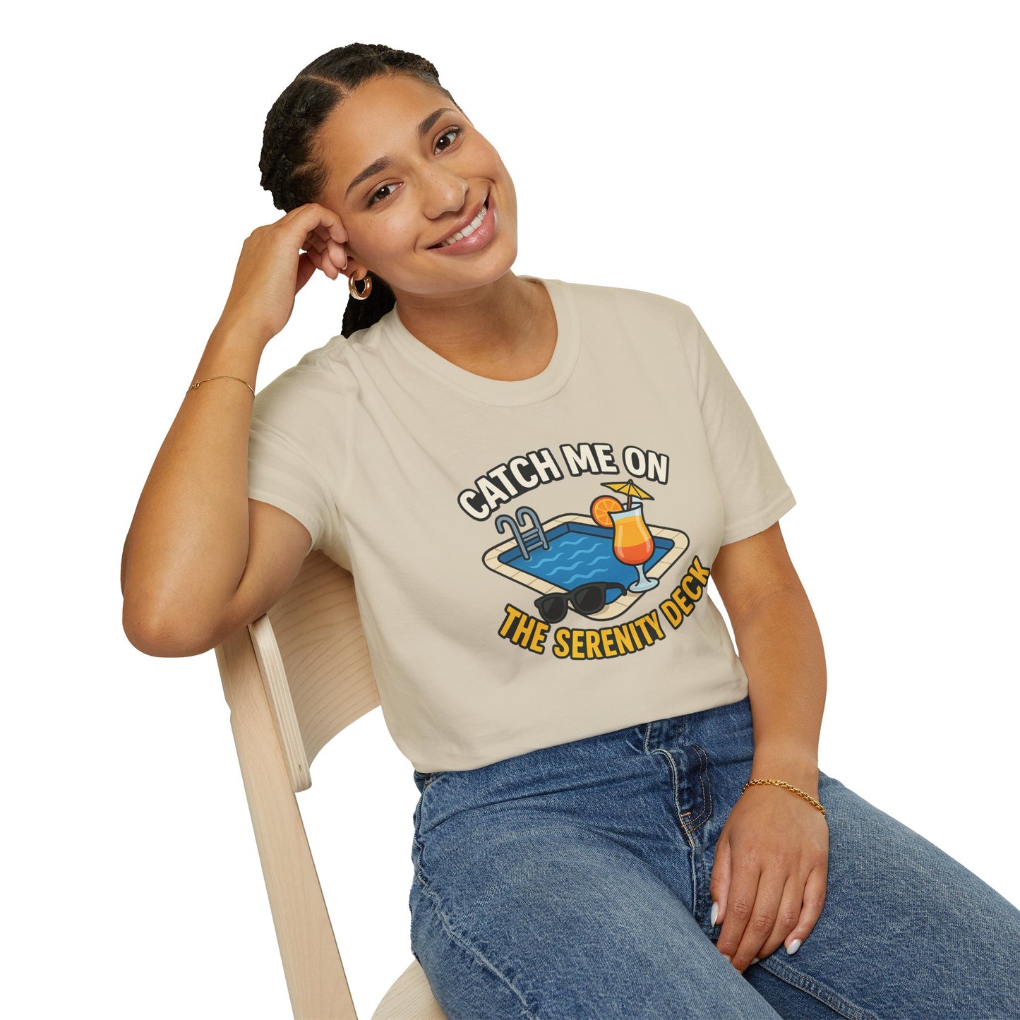 Catch Me on the Serenity Deck Unisex Softstyle T-Shirt, Relaxation Tee, Vacation T-Shirt, Beachwear, Gift for Travel Lovers