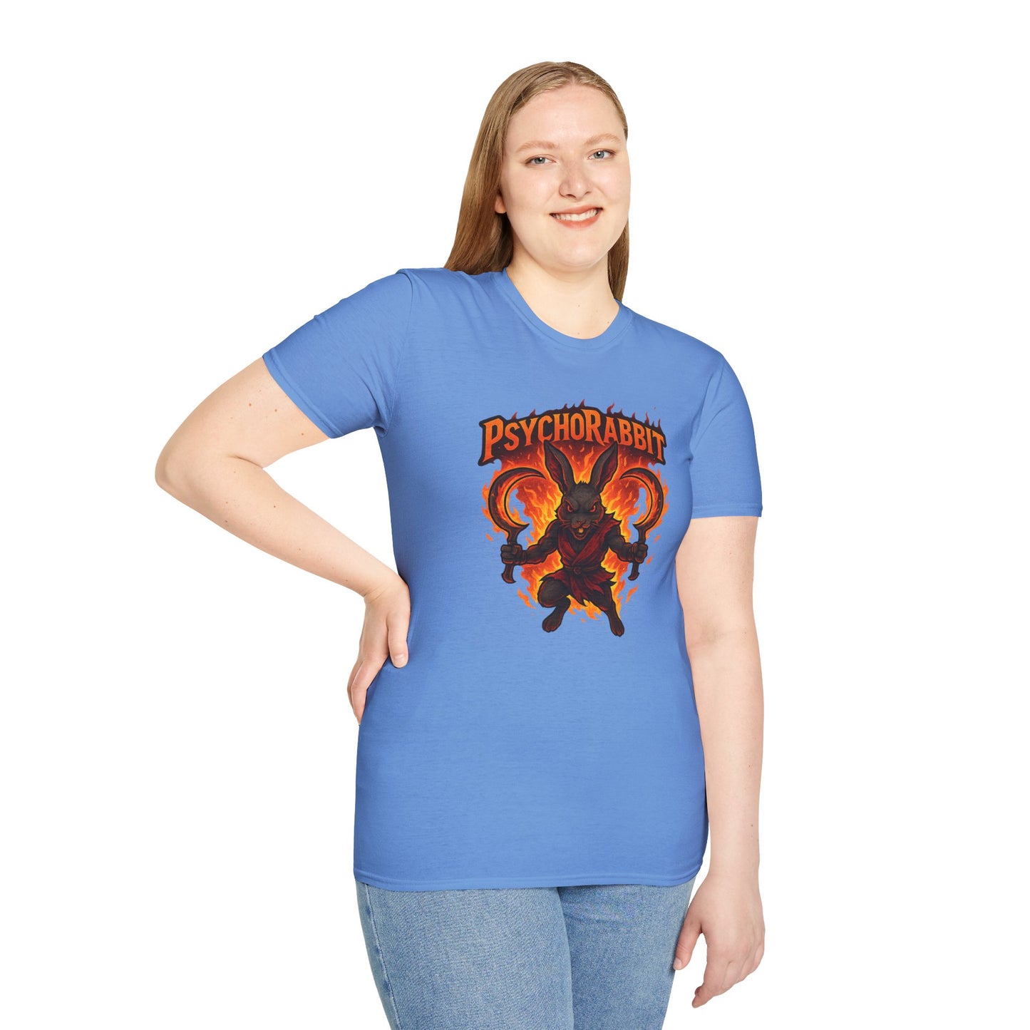 Psychorabbit Graphic Tee | Unisex Softstyle T-Shirt for Anime Fans and Gamers