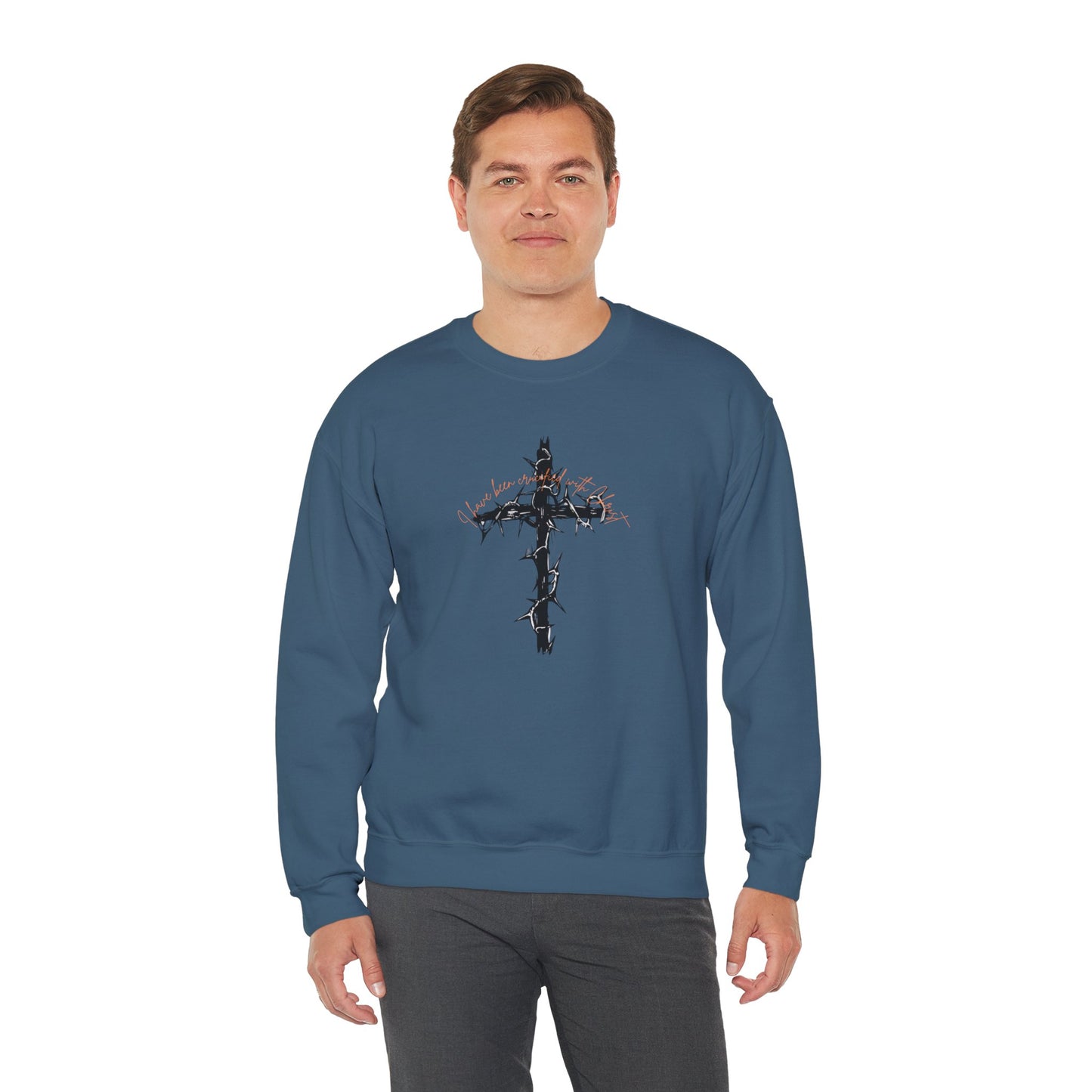 Faith Inspired Crewneck Sweatshirt Barbed Cross Design with Galatians 2:20