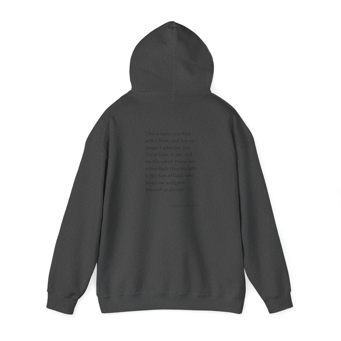 Faith Inspired Christian Cross with Thorns on Front and Galatians 2:20 on back Hooded Sweatshirt