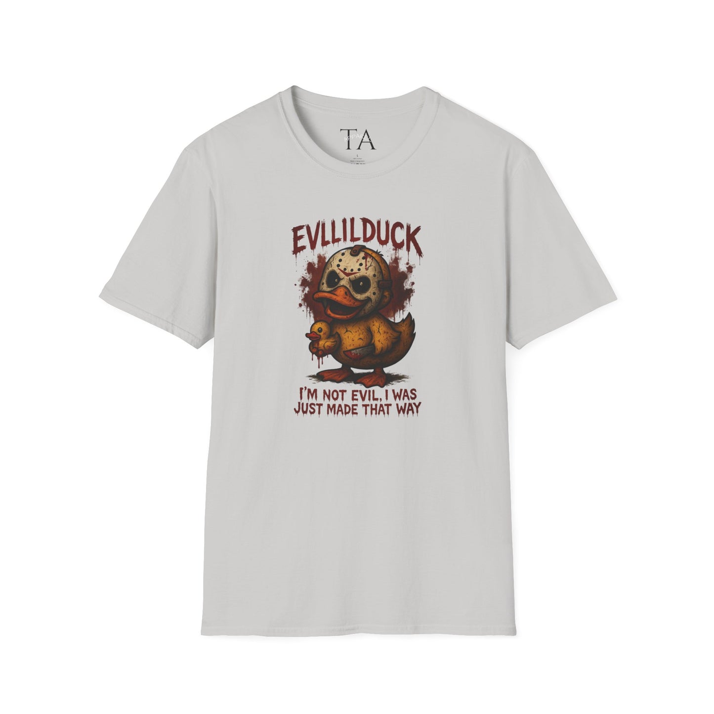 EVLLILDUCK Funny Graphic T-Shirt, Cute Duck Shirt, Unisex Softstyle Tee, Gift for Kids, Funny Quirky T-Shirt, Casual Wear, Halloween Apparel