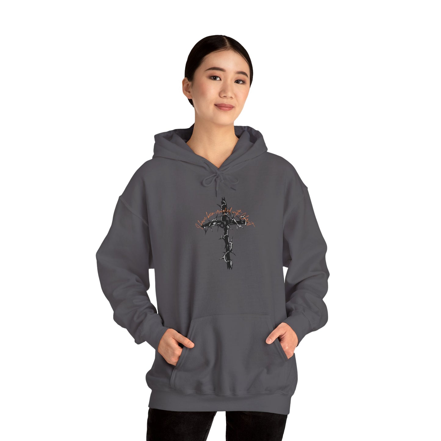 Faith Inspired Christian Cross with Thorns on Front and Galatians 2:20 on back Hooded Sweatshirt