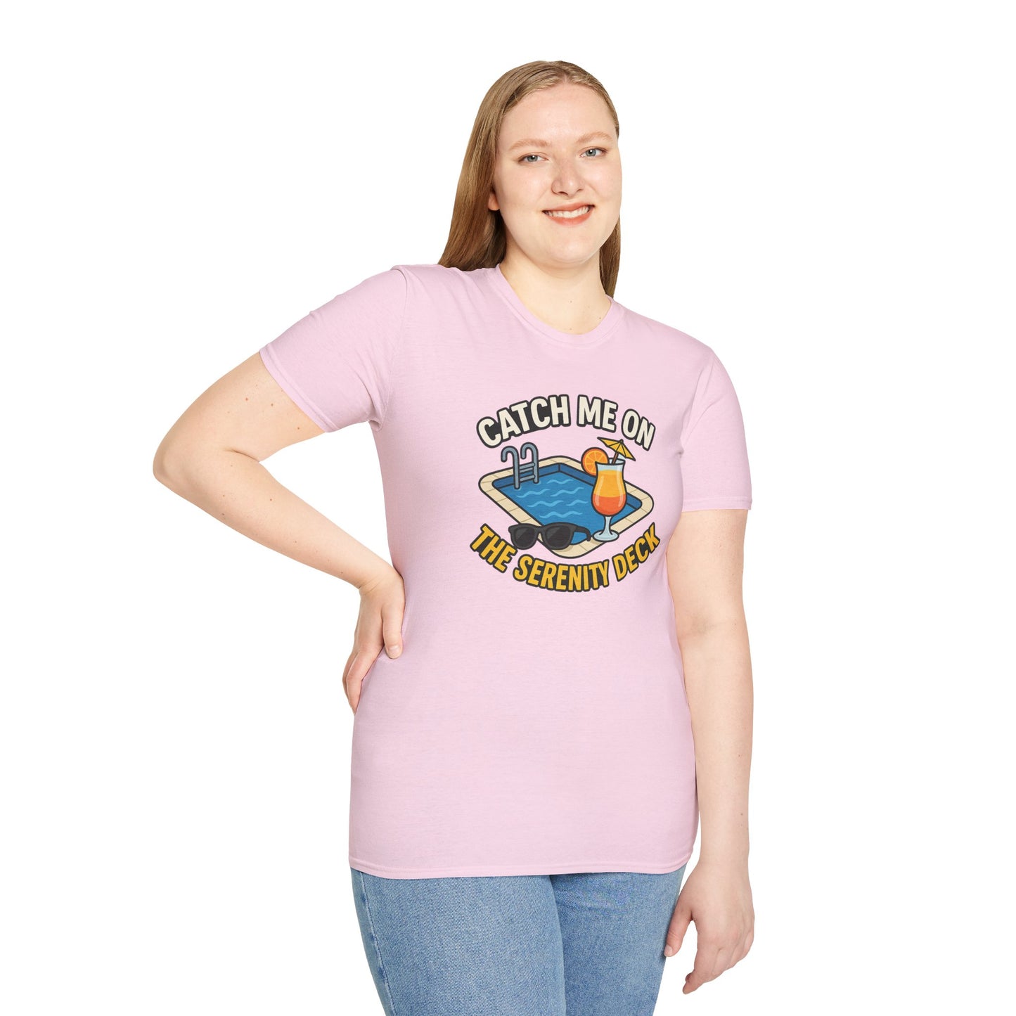 Catch Me on the Serenity Deck Unisex Softstyle T-Shirt, Relaxation Tee, Vacation T-Shirt, Beachwear, Gift for Travel Lovers