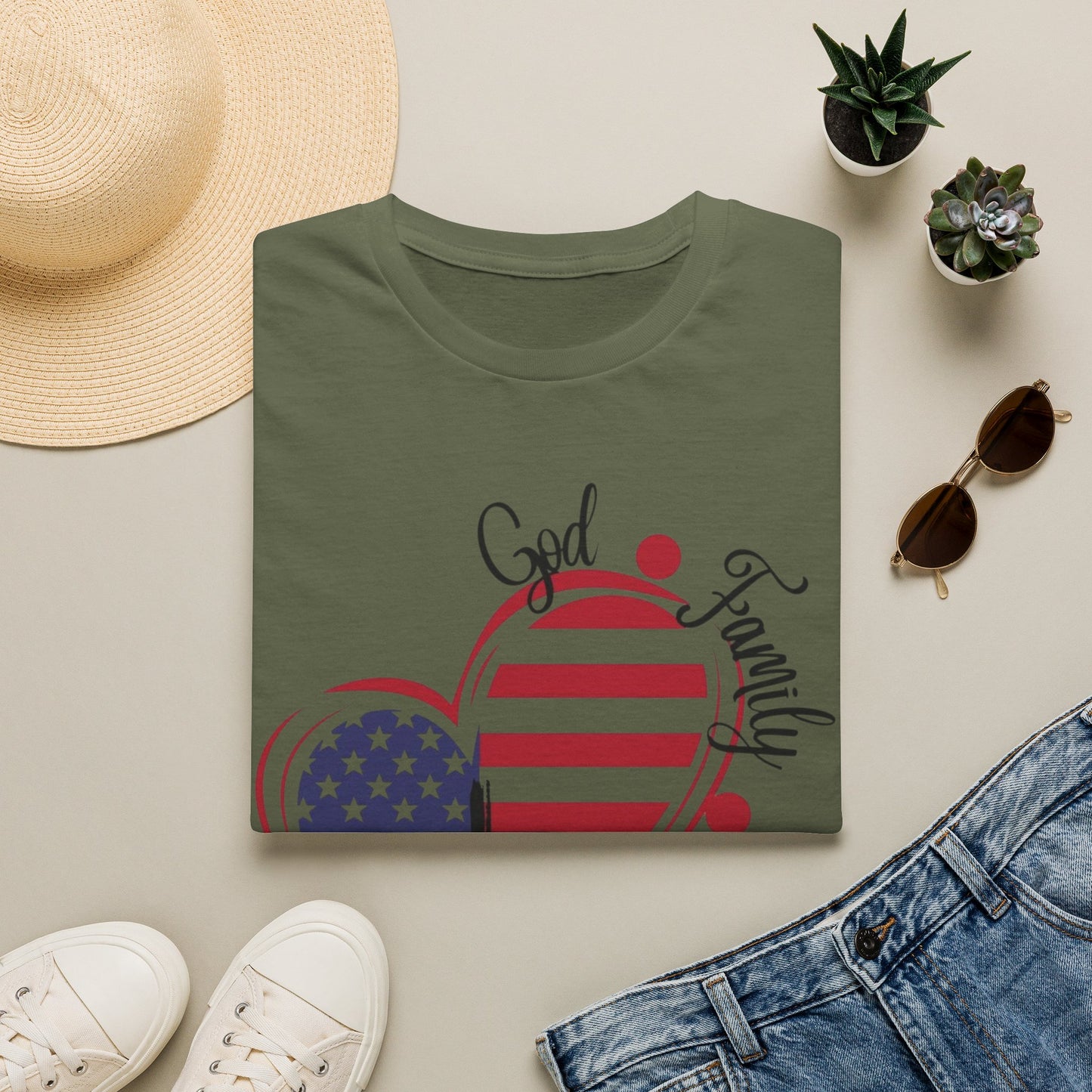 Patriotic Heart T-Shirt — "God Family Country" USA Flag Graphic