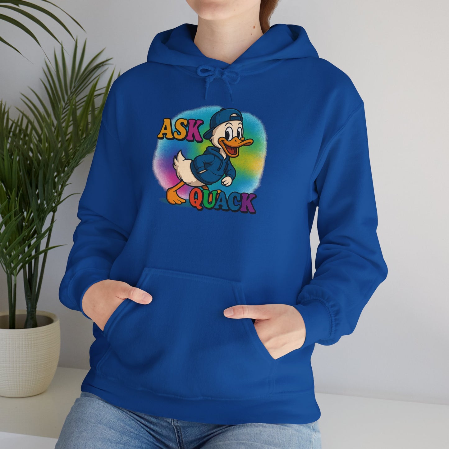 Askquack Male Duck Unisex Hoodie, Quirky Duck Design Sweatshirt, Novelty Animal Jumper, Humorous Duck Apparel, Unique Hooded Top