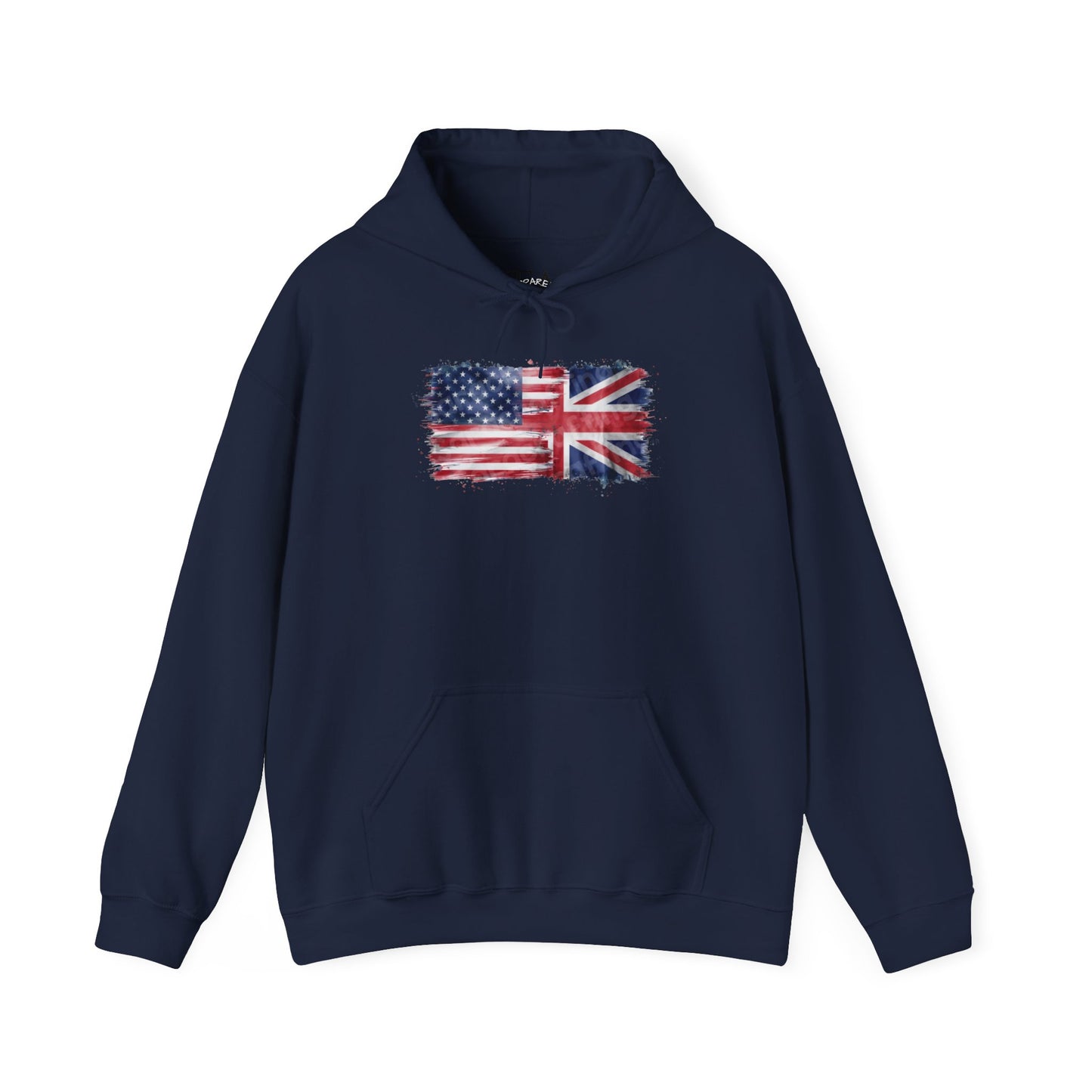 Patriotic Hooded Sweatshirt | Unisex Heavy Blend™ | USA & UK Flag Design | Cozy Gift for Holidays, Reunions, or Casual Wear