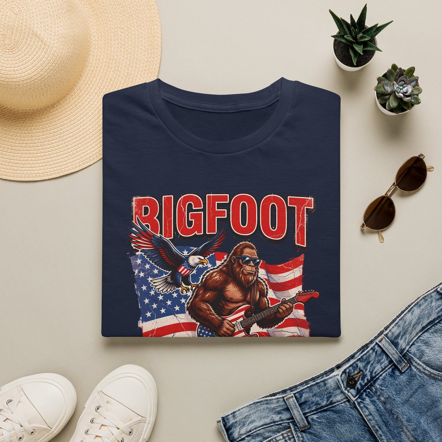 Bigfoot America T-Shirt — Patriotic Bigfoot Playing Guitar Graphic Tee