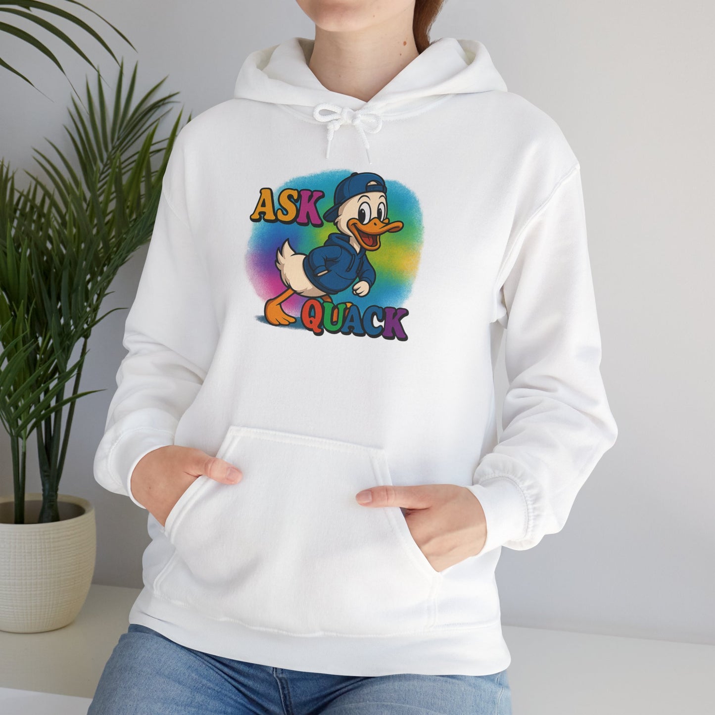 Askquack Male Duck Unisex Hoodie, Quirky Duck Design Sweatshirt, Novelty Animal Jumper, Humorous Duck Apparel, Unique Hooded Top
