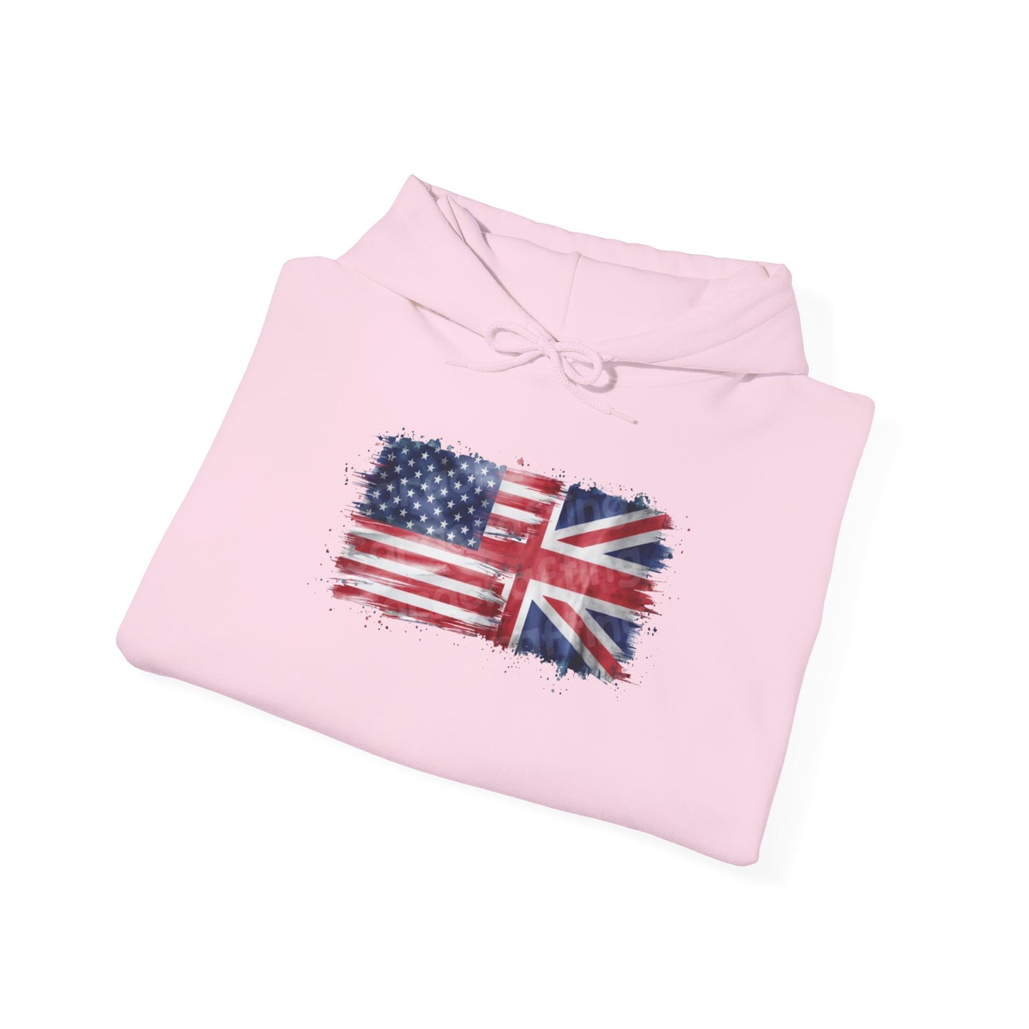 Patriotic Hooded Sweatshirt | Unisex Heavy Blend™ | USA & UK Flag Design | Cozy Gift for Holidays, Reunions, or Casual Wear