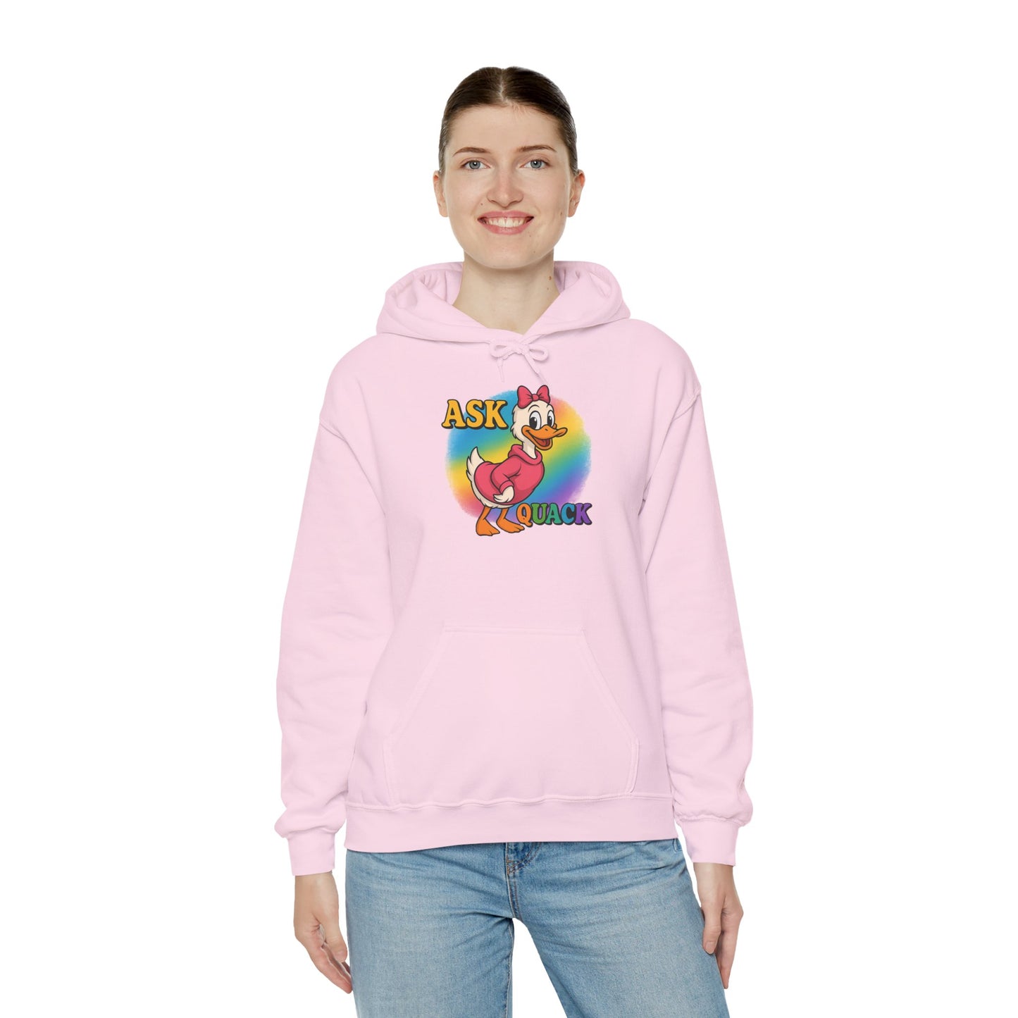 Askquack Female Duck Unisex Hoodie, Quirky Duck Design Sweatshirt, Novelty Animal Jumper, Humorous Duck Apparel, Unique Hooded Top
