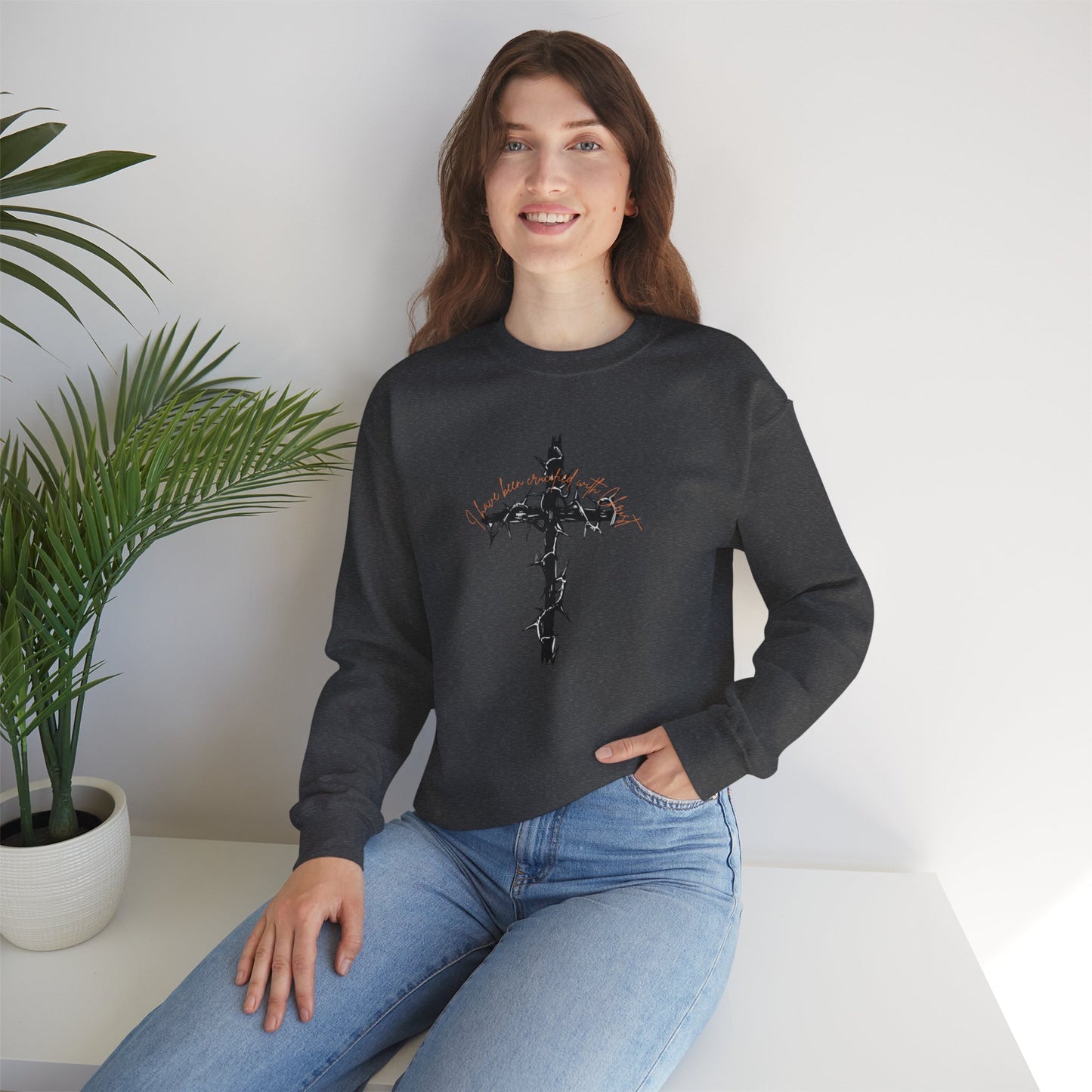 Faith Inspired Crewneck Sweatshirt Barbed Cross Design with Galatians 2:20