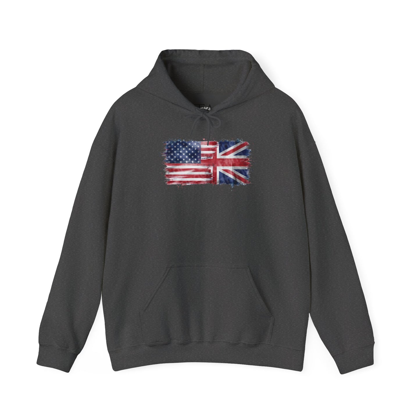 Patriotic Hooded Sweatshirt | Unisex Heavy Blend™ | USA & UK Flag Design | Cozy Gift for Holidays, Reunions, or Casual Wear
