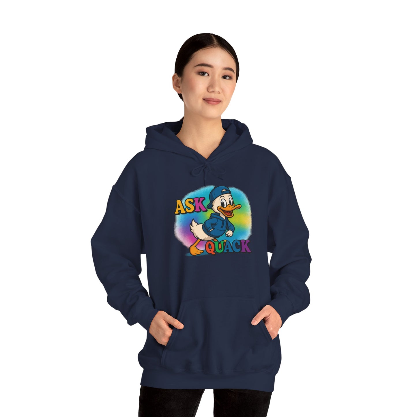 Askquack Male Duck Unisex Hoodie, Quirky Duck Design Sweatshirt, Novelty Animal Jumper, Humorous Duck Apparel, Unique Hooded Top