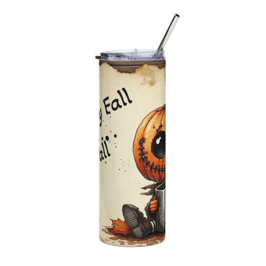 Fall-Themed Stainless Steel Tumbler, 20oz - Happy Fall Y'all Pumpkin and Autumn Leaves Design