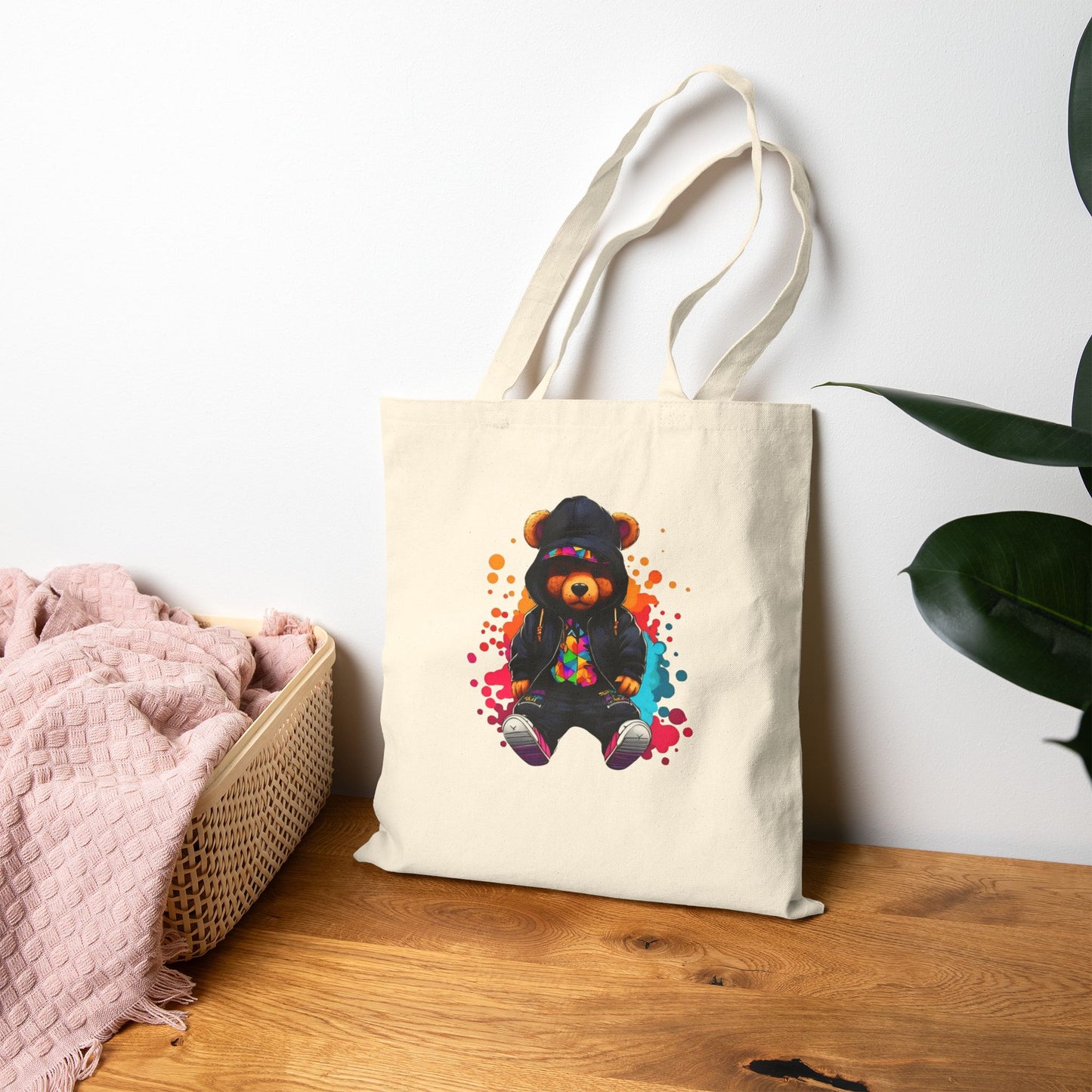 Cotton Canvas Colorful Bear Art Tote Bag