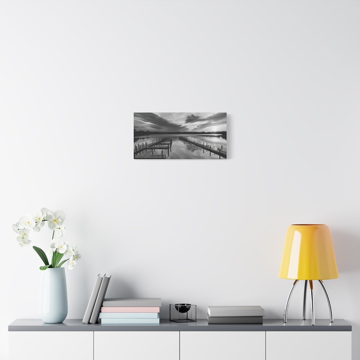 Serene Black and White Landscape Canvas Wall Art. Experience the calming vibe of overlooking the water at the end of the day.
