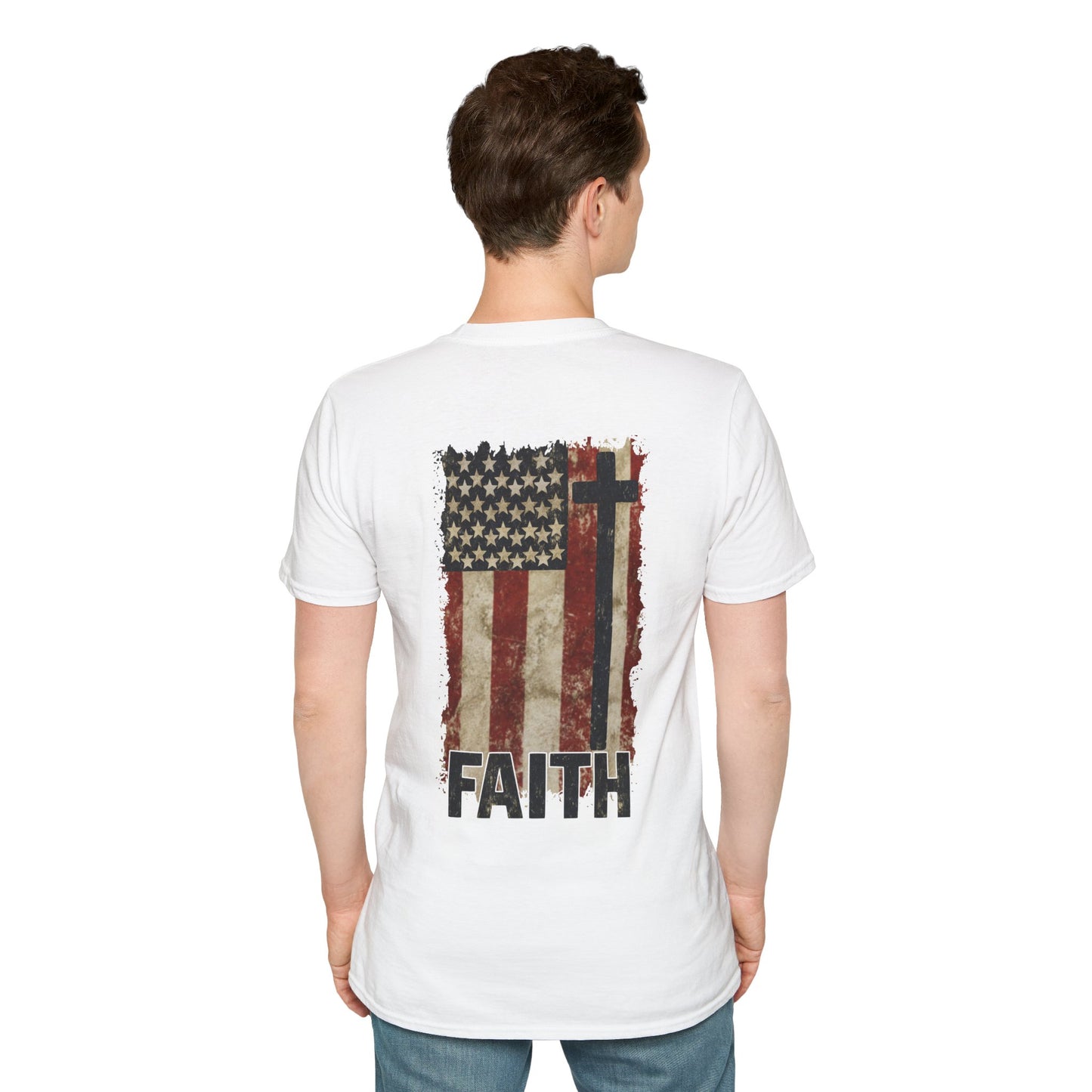 Faith-Inspired Unisex Softstyle T-Shirt, Vintage American Flag Tee, Inspirational Faith Shirt, Christian Apparel, Gifts for Believers